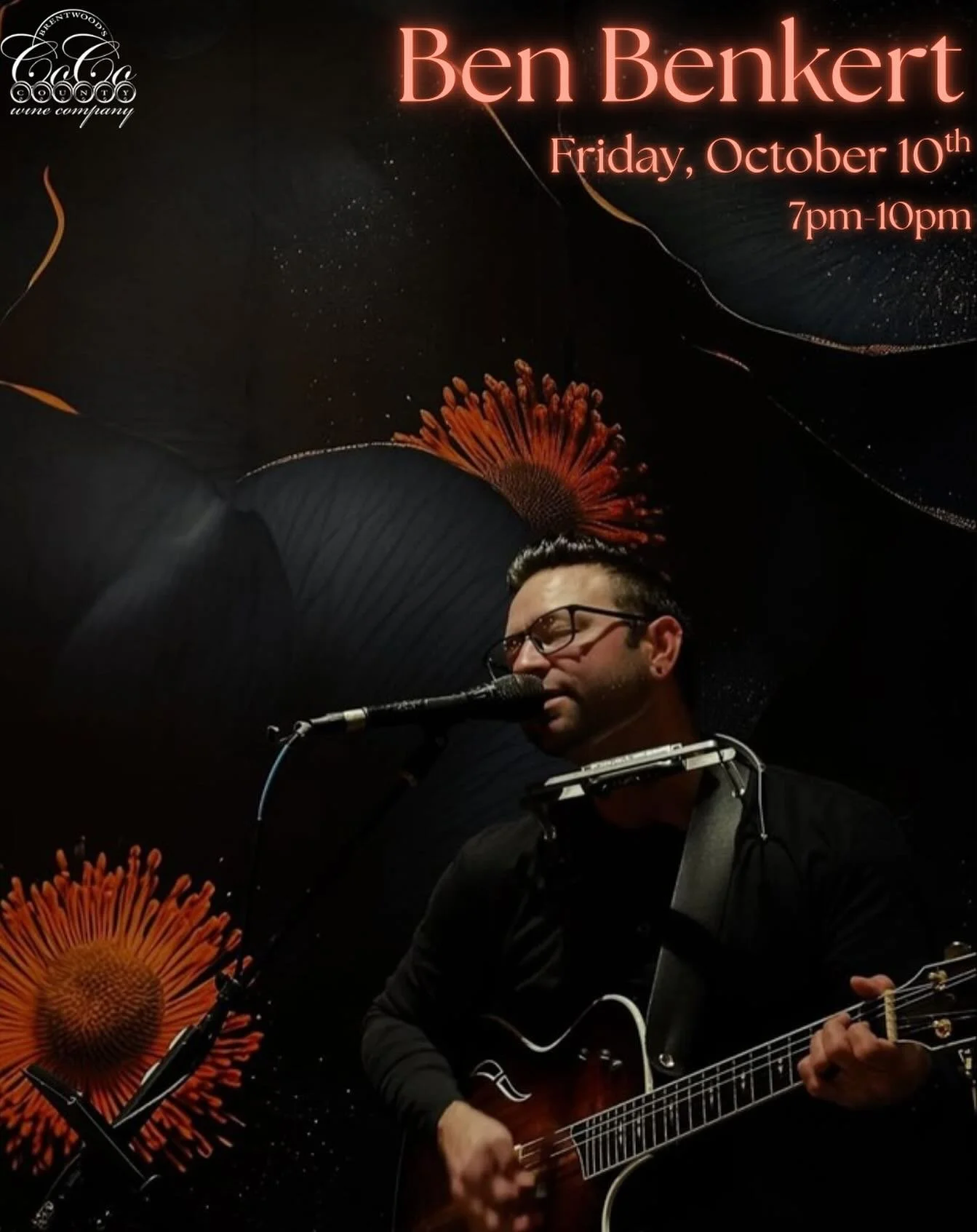 🎶 Kick off your weekend with live music tomorrow, Friday the 10th, 7&ndash;10pm!
Enjoy the soulful sounds of Ben Benkert on guitar, harmonica, and vocals &mdash; the perfect vibe for a Friday night! 🎸🎤✨
#cocowine #downtownbrentwood #betterinbrentw