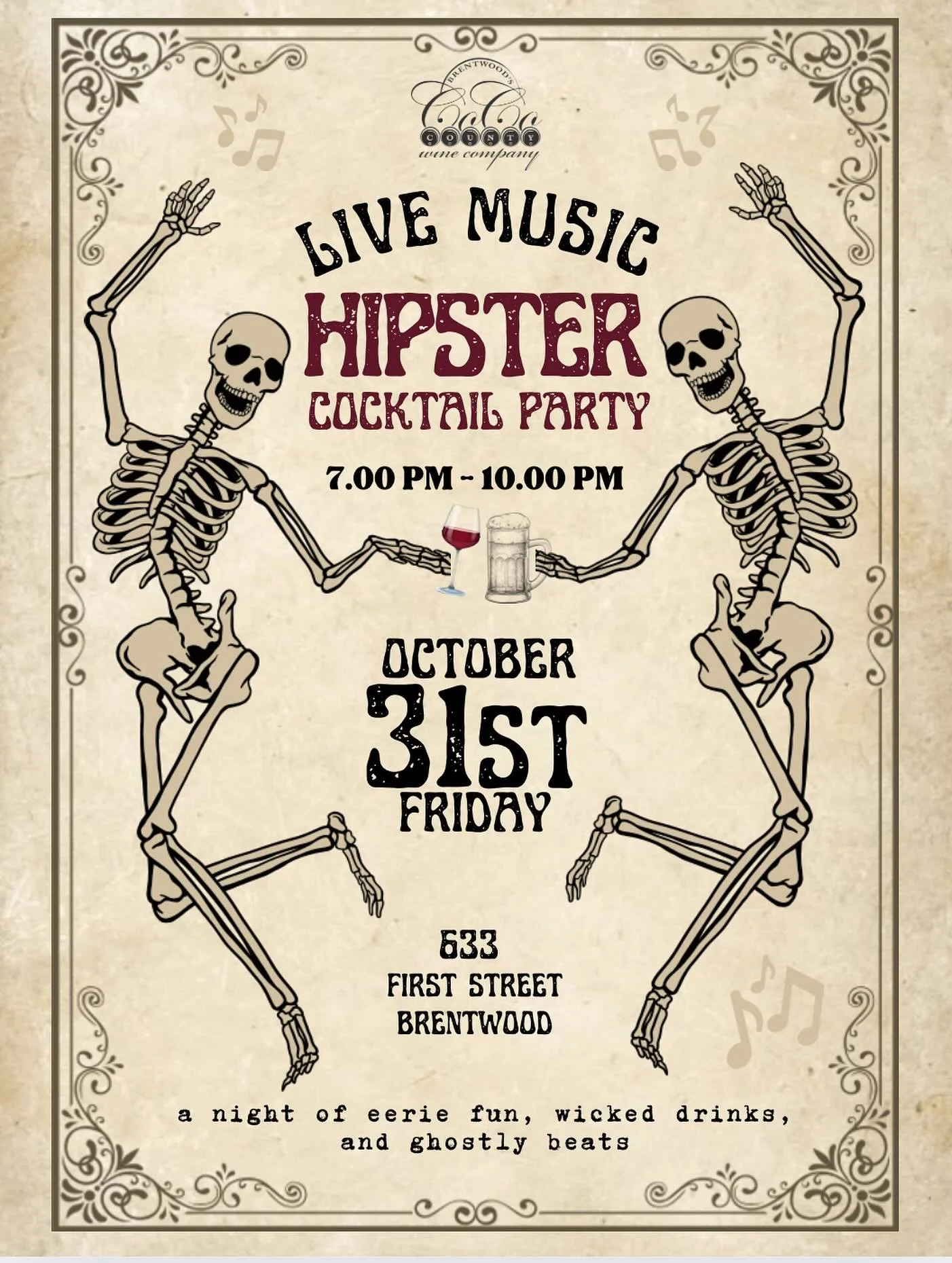 Trick or chic? 🎩🍸 Join us with HIPSTER COCKTAIL PARTY &mdash; live music, cool vibes, and wicked sips this Friday, Oct. 31st, 7&ndash;10 PM!

#cocowine #downtownbrentwood #betterinbrentwood #halloween #hallowine #downtownhalloween #drinklocal #live