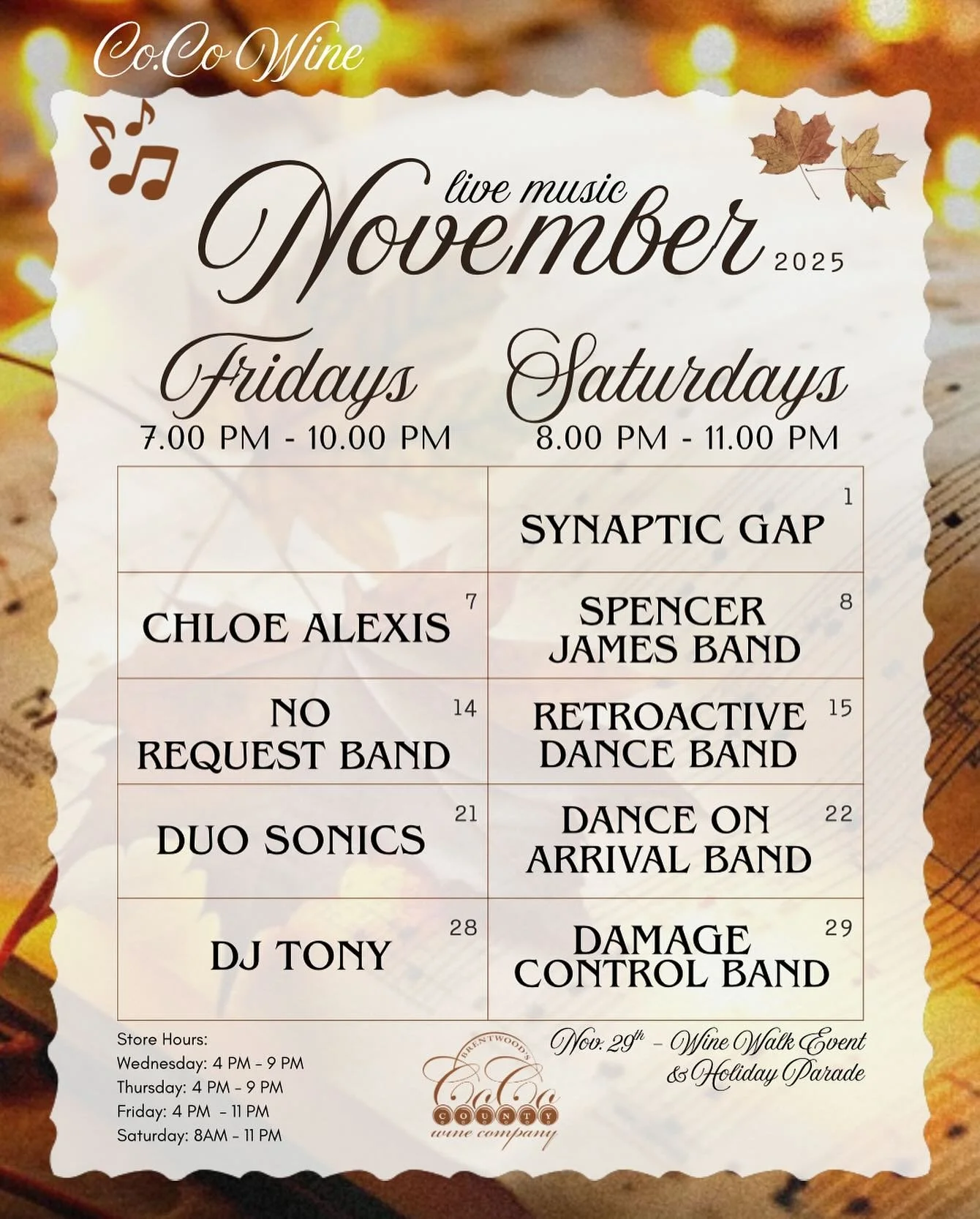 🍂 November at Co.Co!
Live music keeps rolling all month long &mdash;
🎸 Fridays 7&ndash;10 PM
🎤 Saturdays 8&ndash;11 PM

🥐 Stop by the Brentwood Farmers Market Saturdays 
9 AM&ndash;1 PM (new hours!) and enjoy breakfast + mimosas!

🍷 Saturday, No