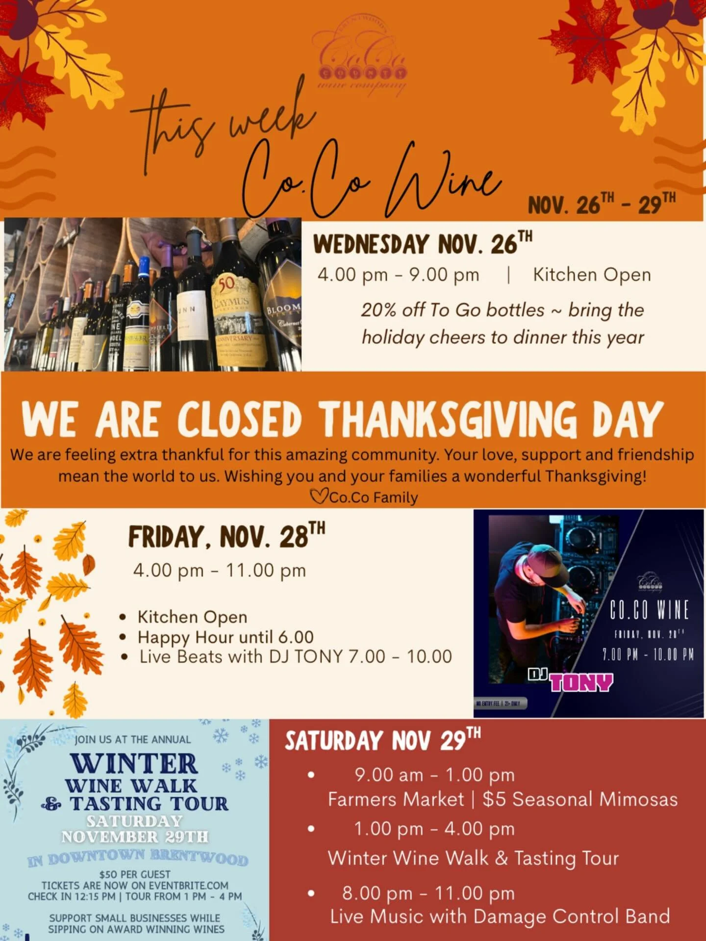 Thanksgiving week at Co.Co Wine is stacked!
🍷 Wed 11/26: Open 4&ndash;9 + 20% off bottles to-go (bring the good stuff to dinner!)
🦃 Thurs 11/27: Closed for Thanksgiving &mdash; so grateful for our amazing community ❤️
🎧 Fri 11/28: Live beats with 