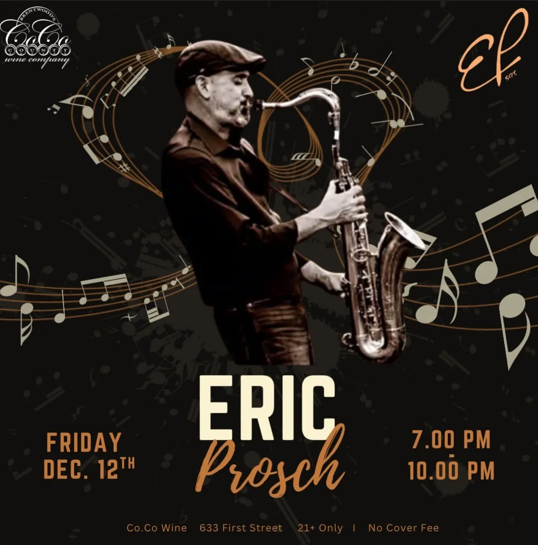 🎷🎶 Friday, December 12th &mdash; unwind with ERIC PROSCH on saxophone, blending new hits with timeless classics. Let the music set the mood 7.00pm - 10.00pm 🎶🎷
21+ Only |  No Cover Fee
#cocowine #downtownbrentwood #betterinbrentwood #saxophone #l
