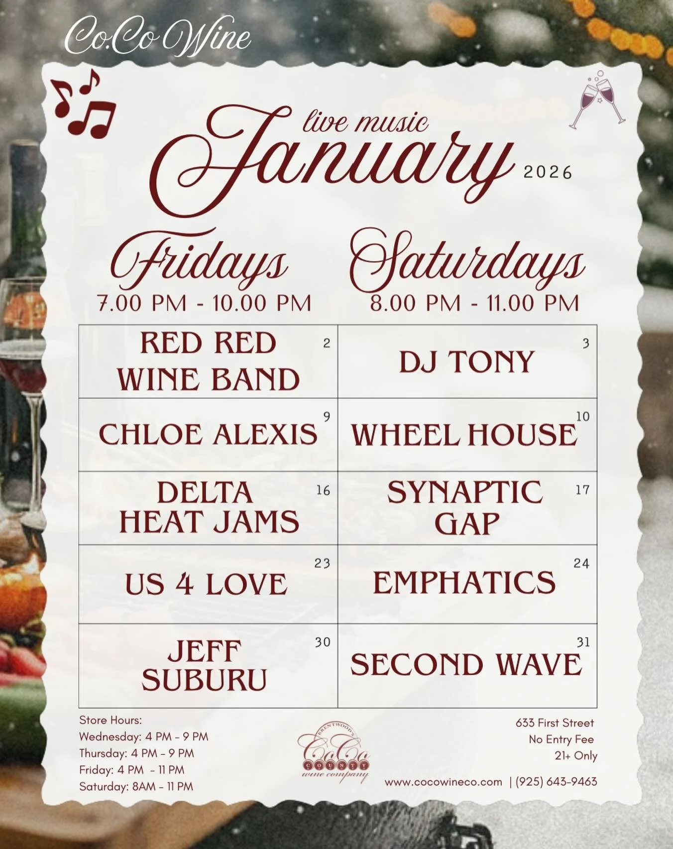 ✨January Music LineUp ✨
🎤 Fridays: 7:00&ndash;10:00 PM
🎧 Saturdays: 8:00&ndash;11:00 PM
No entry fee &bull; 21+ only
Because wine pairs well with great music 🍷
#cocowine #downtownbrentwood #betterinbrentwood #livemusic #drinklocal