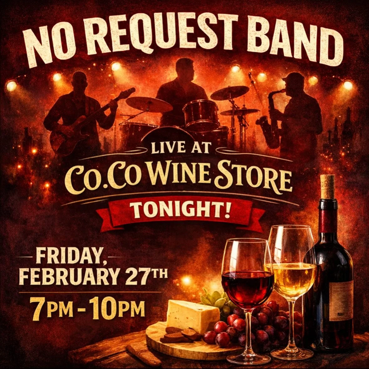 🎶🍷 No Request Band LIVE Tonight at Co.Co Wine! 🍷🎶

Kick off your Friday the right way with great music, amazing vibes, and your favorite pours!

📍 Co.Co Wine
📅 Friday, February 27th
⏰ 7PM&ndash;10PM

No requests&hellip; just nonstop hits, good 