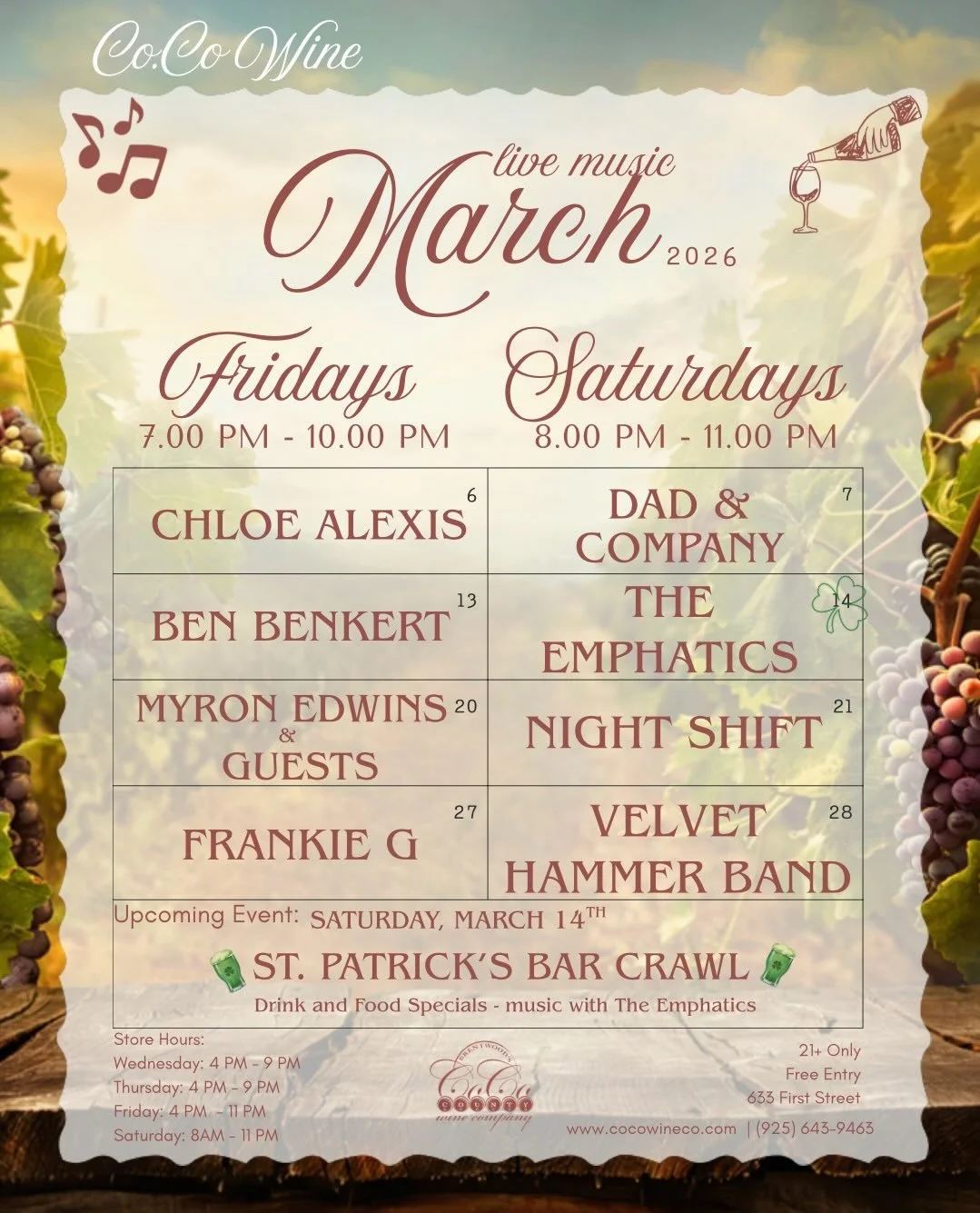 🎶 March Music Line Up is here! 🎶
Live music all month long at Co.Co Wine Bar
Fridays 7&ndash;10PM | Saturdays 8&ndash;11PM

☘️ March 14th &ndash; St. Patrick&rsquo;s Day Bar Crawl!
We&rsquo;re open all day with festive food &amp; drink specials. Gr