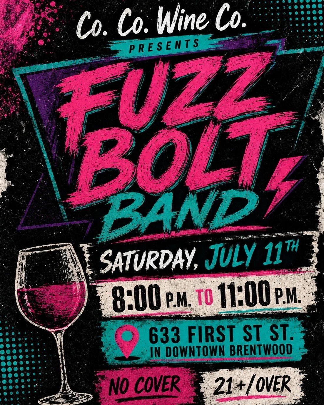 ⚡️ Join us as Fuzz Bolt Band rocks Co. Co. Wine Co. 
Saturday, July 11th
8&ndash;11 PM

 633 1st St. In Downtown Brentwood 

#LiveMusic #FuzzBoltBand #CoCoWineCo #DowntownBrentwood #SaturdayNight
