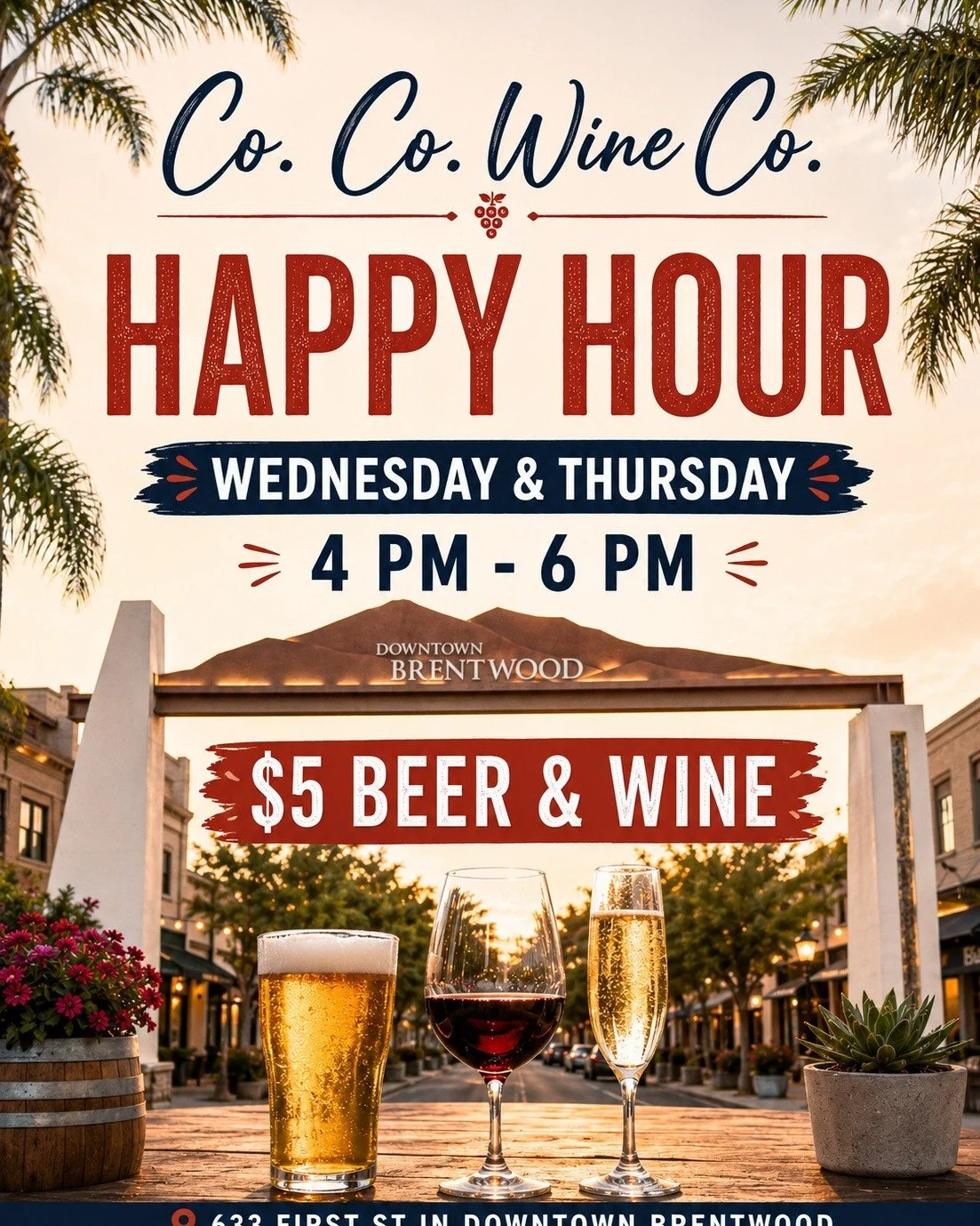 Stroll into @cocowineco in @downtownbrentwood and
Enjoy Happy Hour!

$5 drafts, wine and champagne

#brentwoodca #brentwood94513 #WineBar #CoCoWineCo