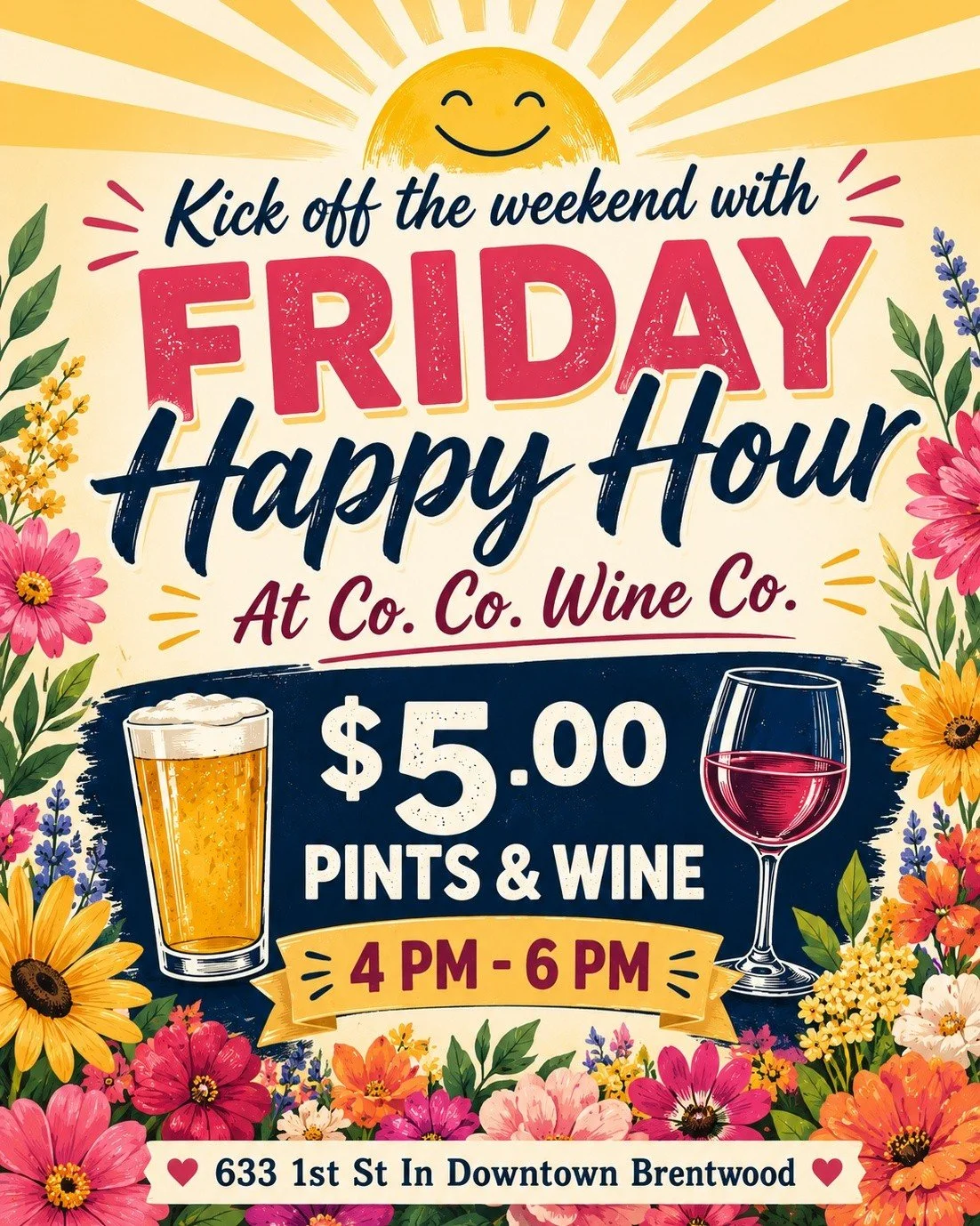 Start your weekend off with Happy Hour!!
@cocowineco
FRIDAYS
4 PM - 6 PM
$5 Drafts &amp; Wine

633 1st St in @downtownbrentwood 

#CoCoWineCo
#winebar #DowntownBrentwood