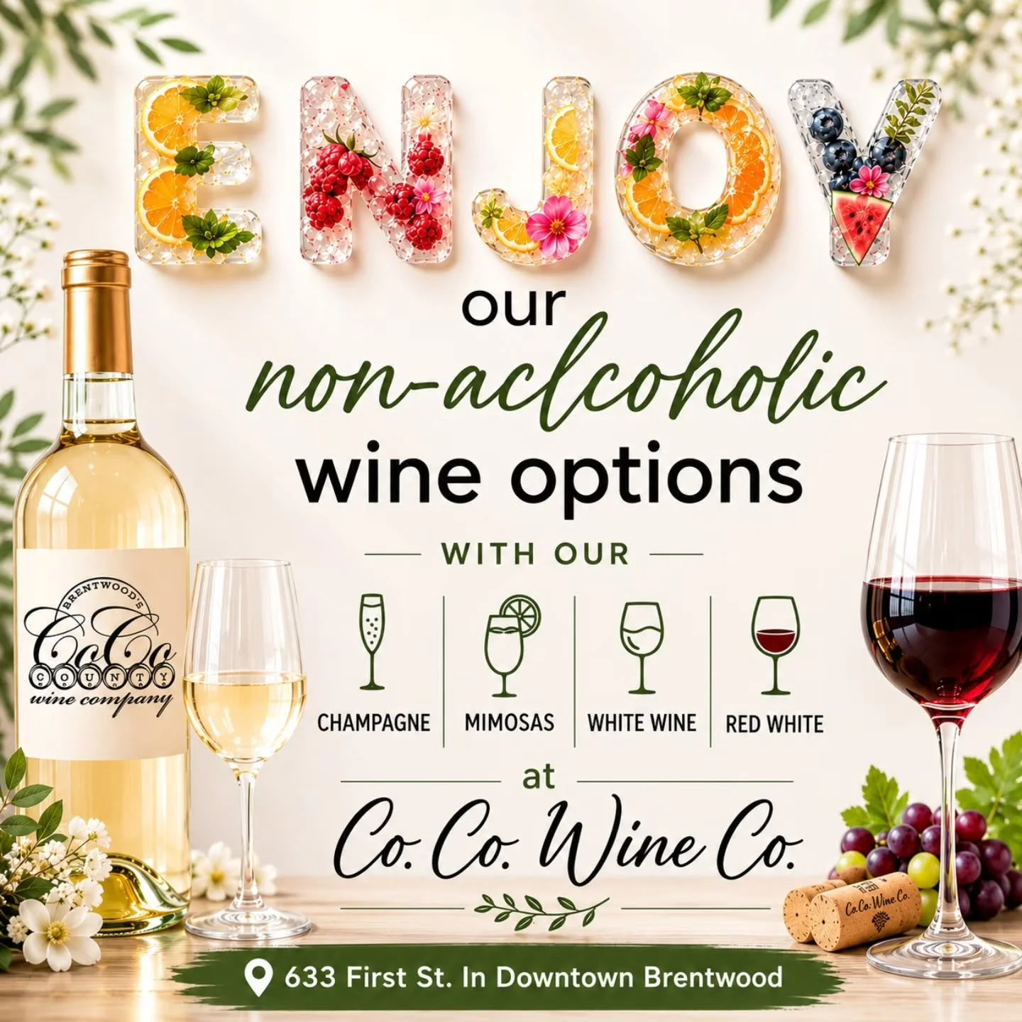 Raise a glass to great taste and options! 🥂

Stop by @cocowineco and enjoy our selection of non-alcoholic champagne, mimosas, and wines.

See you at 633 First St. in Downtown Brentwood! ✨

#DowntownBrentwood #CoCoWineCo #NonAlcoholicWine #SipLocal