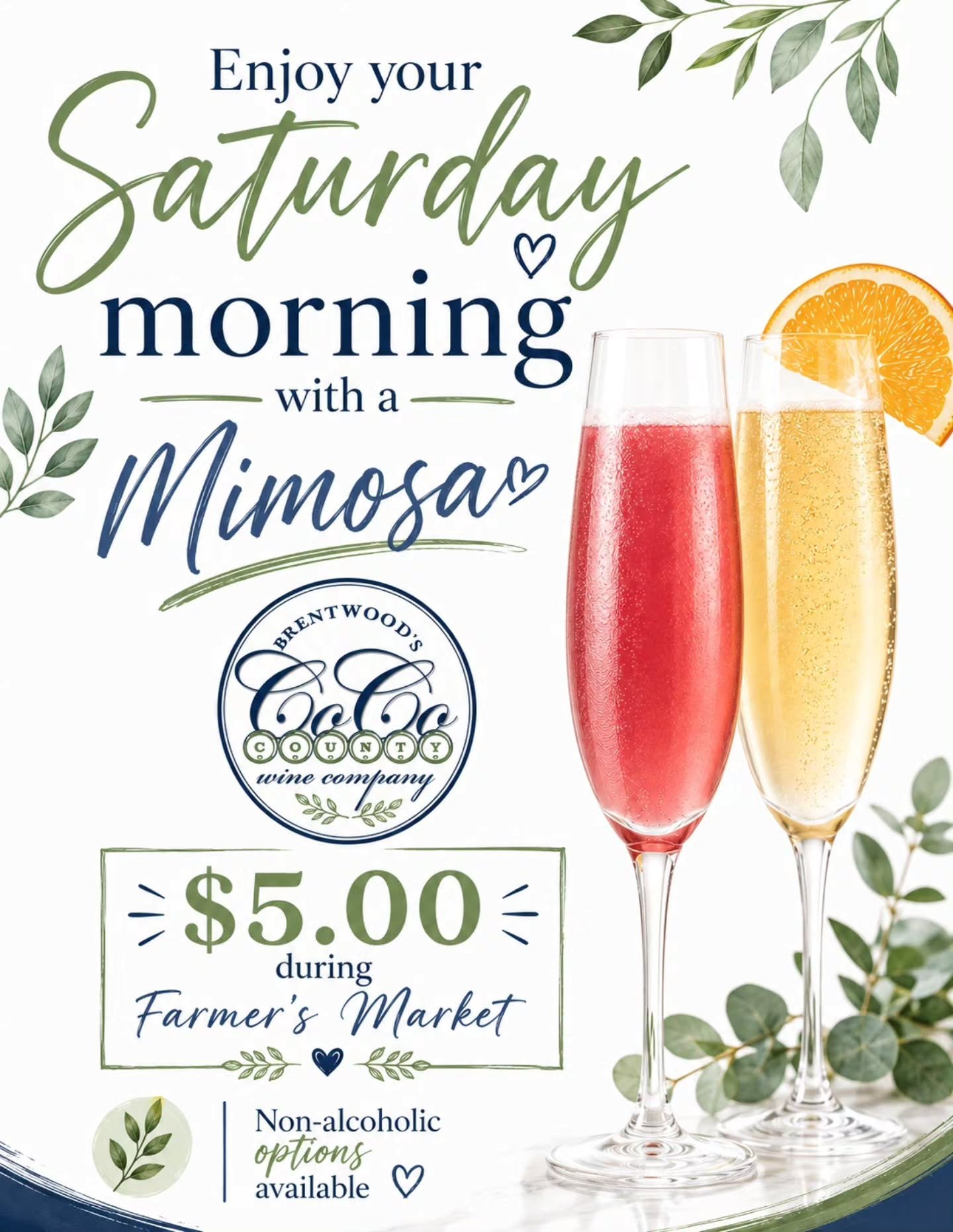 Saturday mornings are better with a little bubbly! 🥂💚 Stop by during the Farmer&rsquo;s Market and enjoy $5 mimosas&mdash;with non-alcoholic options available too!
@cocowineco

Cheers to Saturdays in Downtown Brentwood! 🌿✨

#CoCoWineCo #DowntownBr