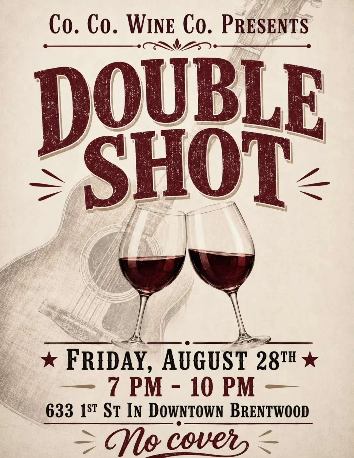 🎶🍷 Friday night plans = handled!

Join us at Co. Co. Wine Co. for live music by Double Shot, Friday, August 28th, 7&ndash;10 PM!

🍷 Wine | 🎸 Live music | ✨ No cover, 21+

📍633 1st St., Downtown Brentwood

Come wine down with us! 🍷🎶
