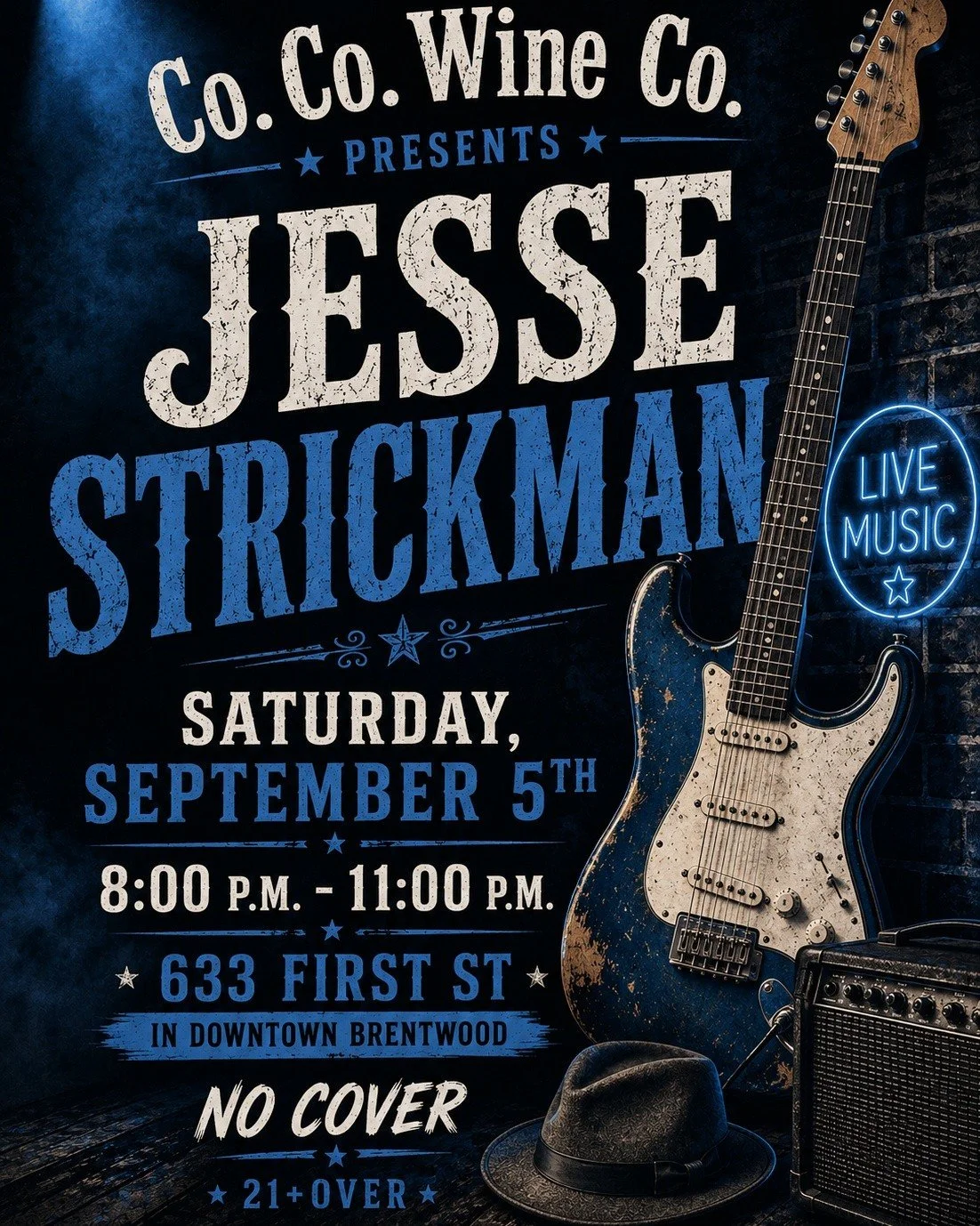 🎸 Saturday night = live music + wine! 🍷

Catch Jesse Strickman live at Co. Co. Wine Co. this Saturday from 8&ndash;11 PM!

🎶 No cover | 21+
📍 Downtown Brentwood #winebar #DowntownBrentwood #BrentwoodCA