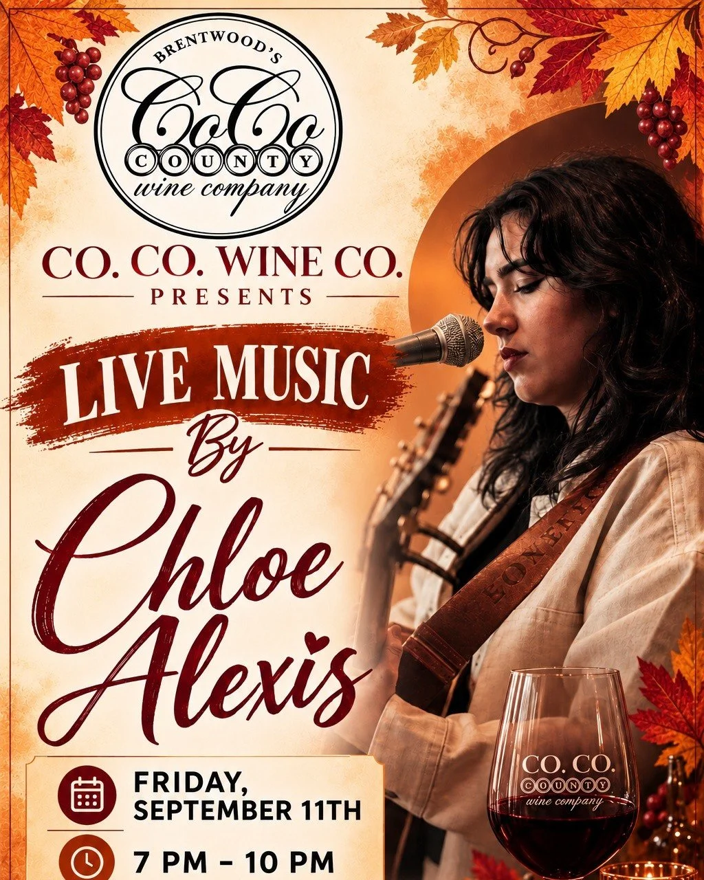 🎶 LIVE MUSIC WEEKEND at Co. Co. Wine Co.! 🍷

🎤 Friday, Sept. 11 | Chloe Alexis | 7&ndash;10 PM
🎸 Saturday, Sept. 12 | Velvet Hammer Band | 8&ndash;11 PM

✨ No Cover | 21+
📍 633 1st St., Downtown Brentwood

Grab a glass, bring your friends &amp; 