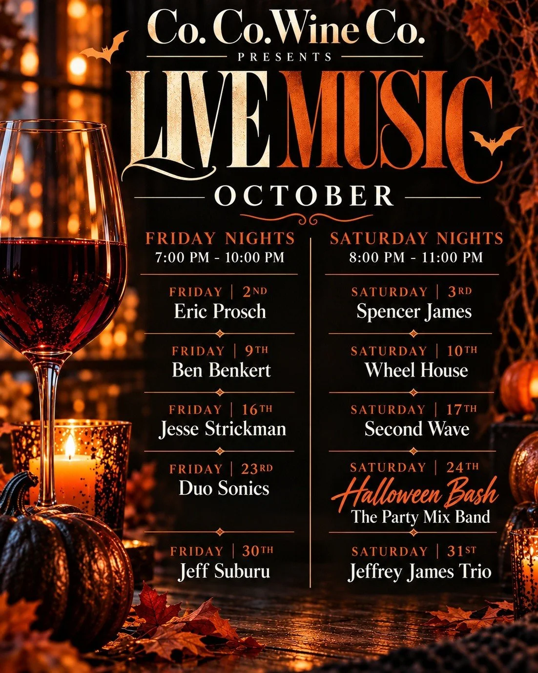 🎃🍷 October Nights at @cocowineco 🎶

We've got a SPOOKTACULAR lineup of live music all October long! 👻

🎸 Fridays | 7&ndash;10 PM
🎤 Saturdays | 8&ndash;11 PM

🕸️ Don't miss our Halloween Bash on October 24th with The Party Mix Band!

Grab your 