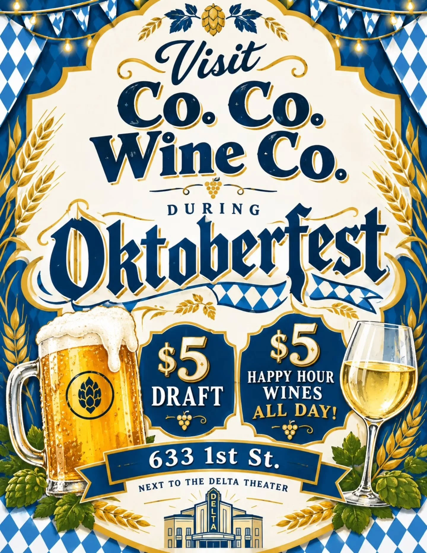 🍻🥨 Prost! Oktoberfest is here! 🍷💙

Celebrate Oktoberfest Saturday, Oct. 10th at @cocowineco with drink specials ALL DAY!

🍺 $5 Drafts 🍷 $5 Happy Hour Wines

📍 633 1st St., Downtown Brentwood
Next to the Delta Theater!

Grab your friends and ra