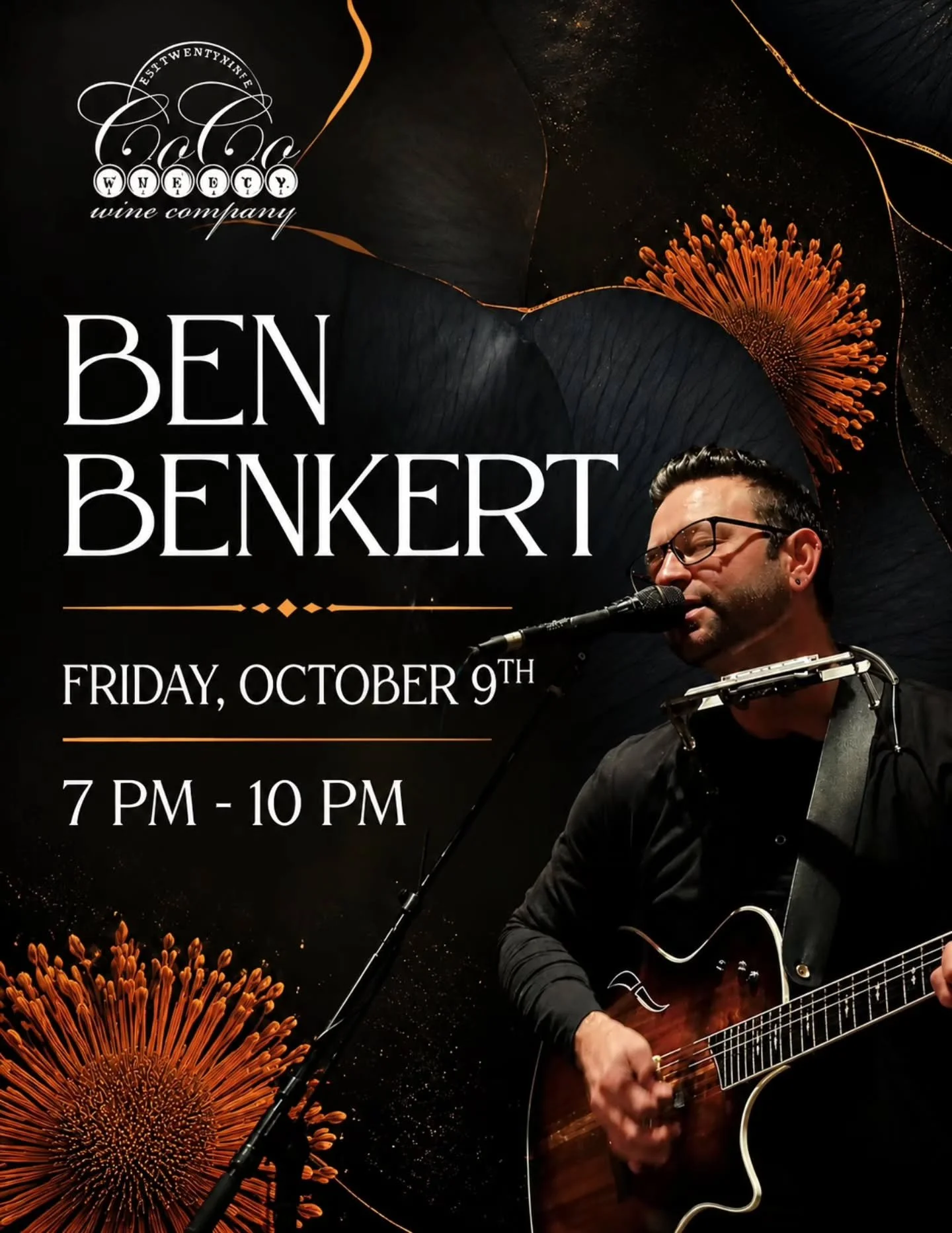 Kick off your Friday night with live music at Co. Co. Wine Co.! 🍷🎶

🎤 Ben Benkert LIVE
📅 Friday, October 9th
⏰ 7&ndash;10 PM
📍 633 1st St., Downtown Brentwood
✨ No Cover | 21+

Grab your friends, sip some wine, and enjoy a night of live music! ?