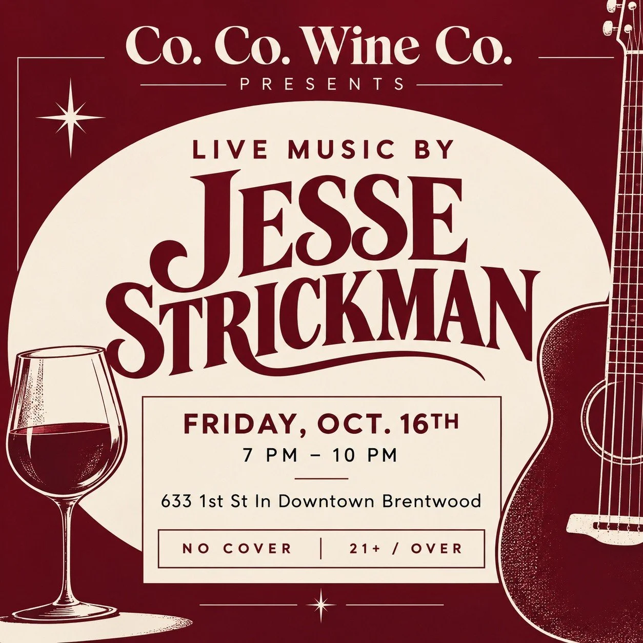 🎶🍷 Friday Night Live Music at @cocowineco 

Join us Friday, October 16th for live music by Jesse Strickman! 🎸

🕖 7 PM &ndash; 10 PM
📍 633 1st St., Downtown Brentwood
🍷 No Cover | 21+

Grab a glass of wine, bring your friends, and enjoy a great 