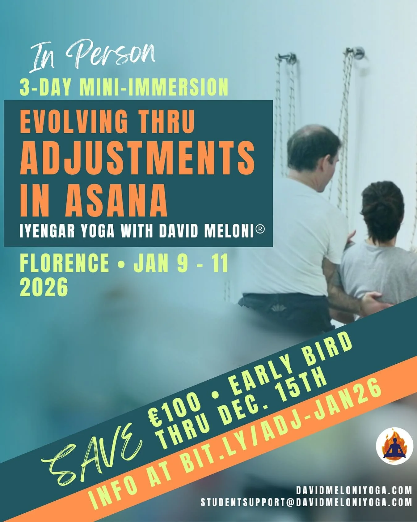 ✨Unique opportunity to study in-person with David Meloni.
 
✨&rdquo;Evolving Through Adjustments in Asana&rdquo;
January 9th&nbsp;&nbsp;- 11th in Florence, Italy 

✨Space is limited &bull; In-Person &bull; Taught in both English &amp;&nbsp;&nbsp;Ital