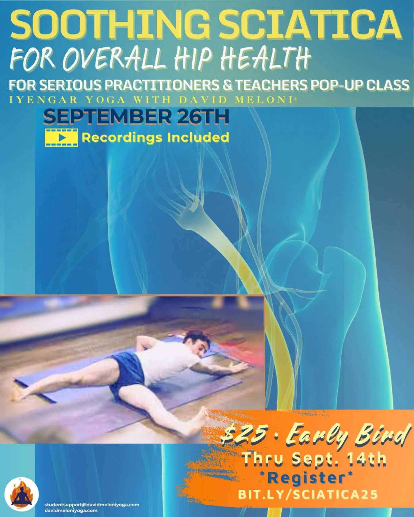 Join David Meloni&rsquo;s &ldquo;Soothing Sciatica for Overall Hip Health&rdquo; &bull; Pop-Up Class for Serious Practitioners and Teachers this Friday. 

⏰&nbsp;September 26th from 6:30 PM - 8:00 PM CEST / Italy

🎞️ Recordings access included for 2
