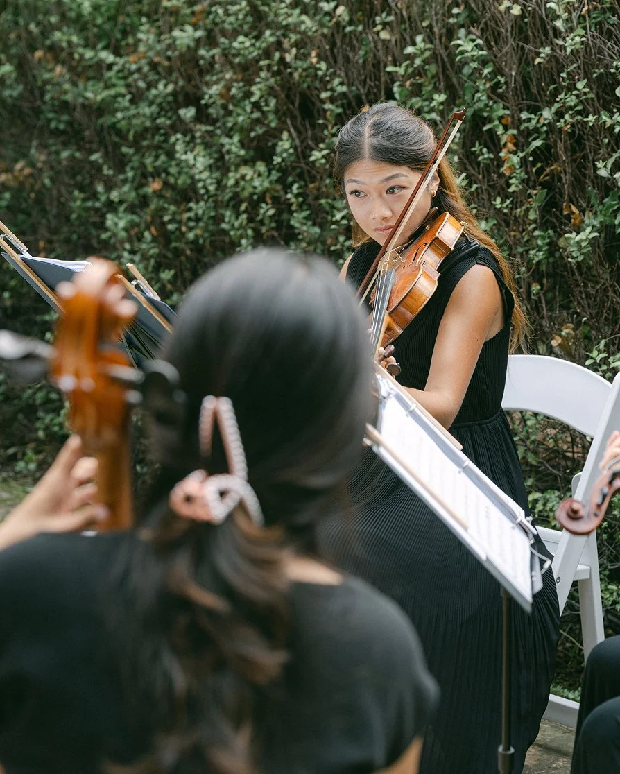 Musicians playing the violin and cello as part of a San Francisco wedding string ensemble.