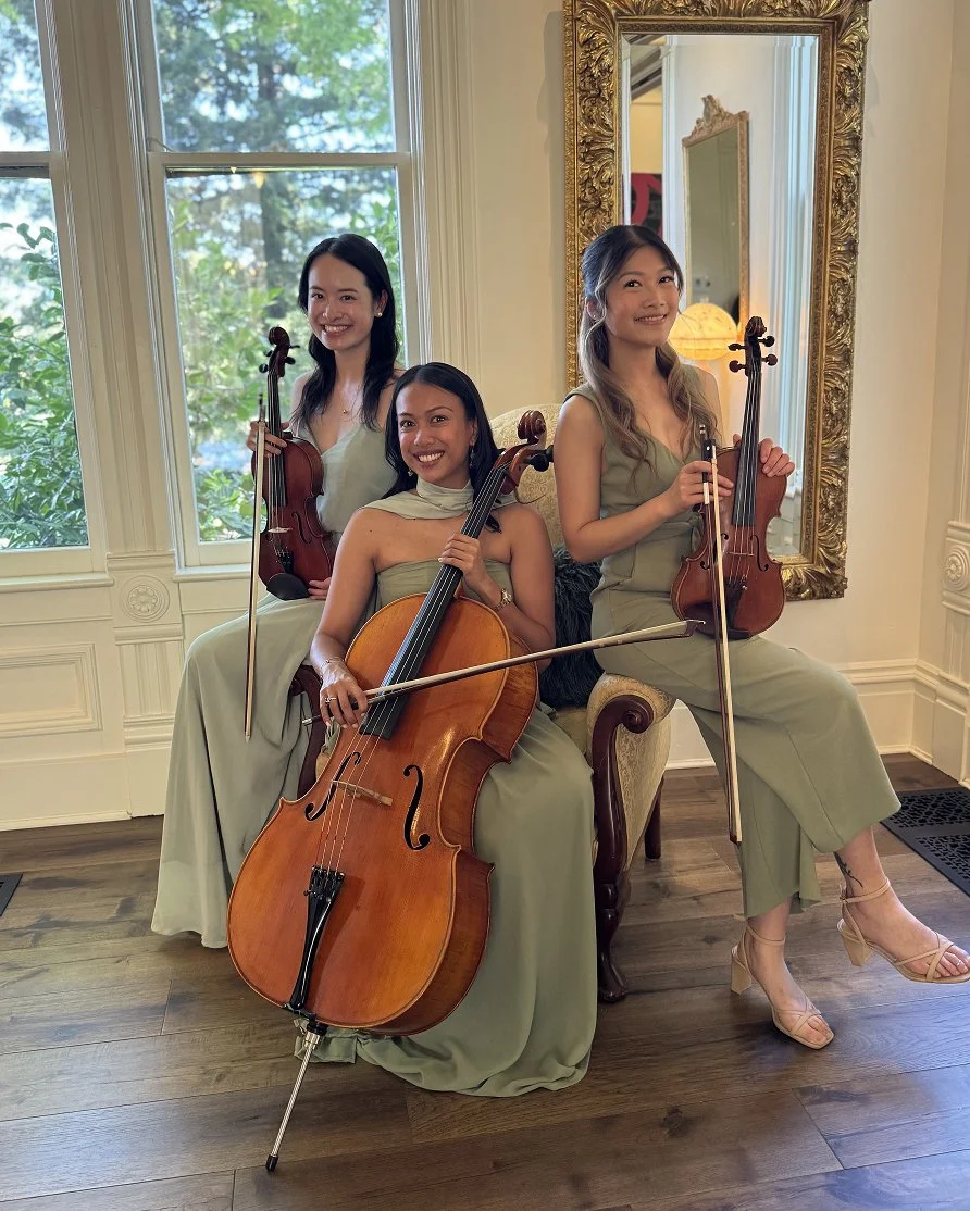 Bay Area string trio performing classical music for a wedding ceremony.