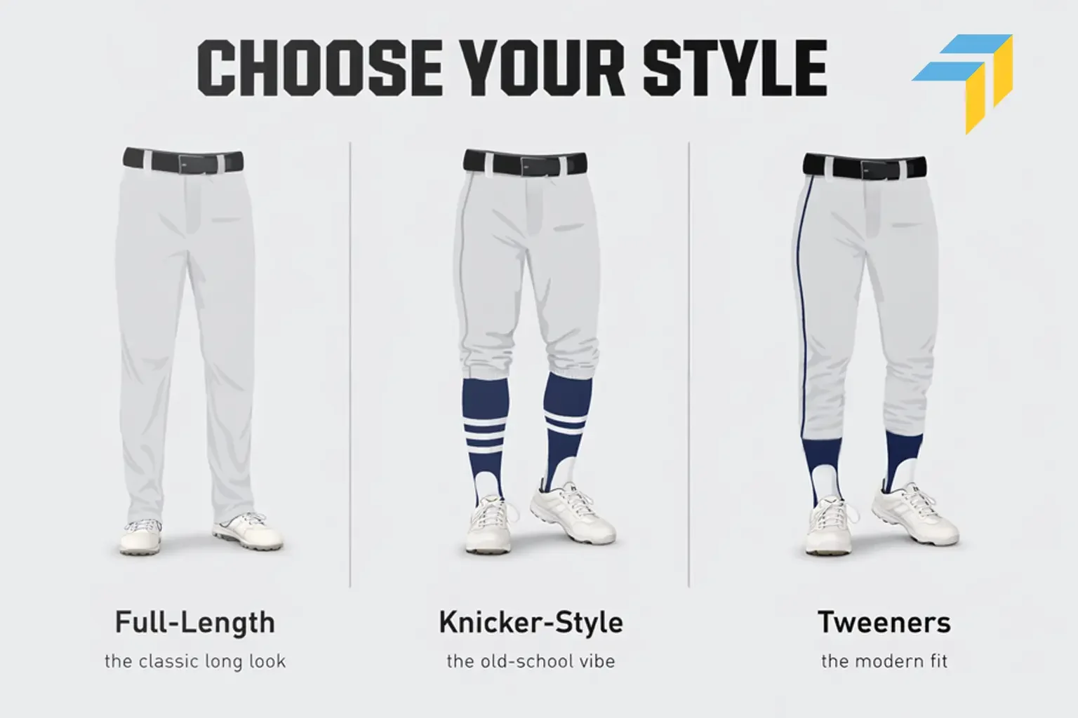 Comparison showing different baseball pants.