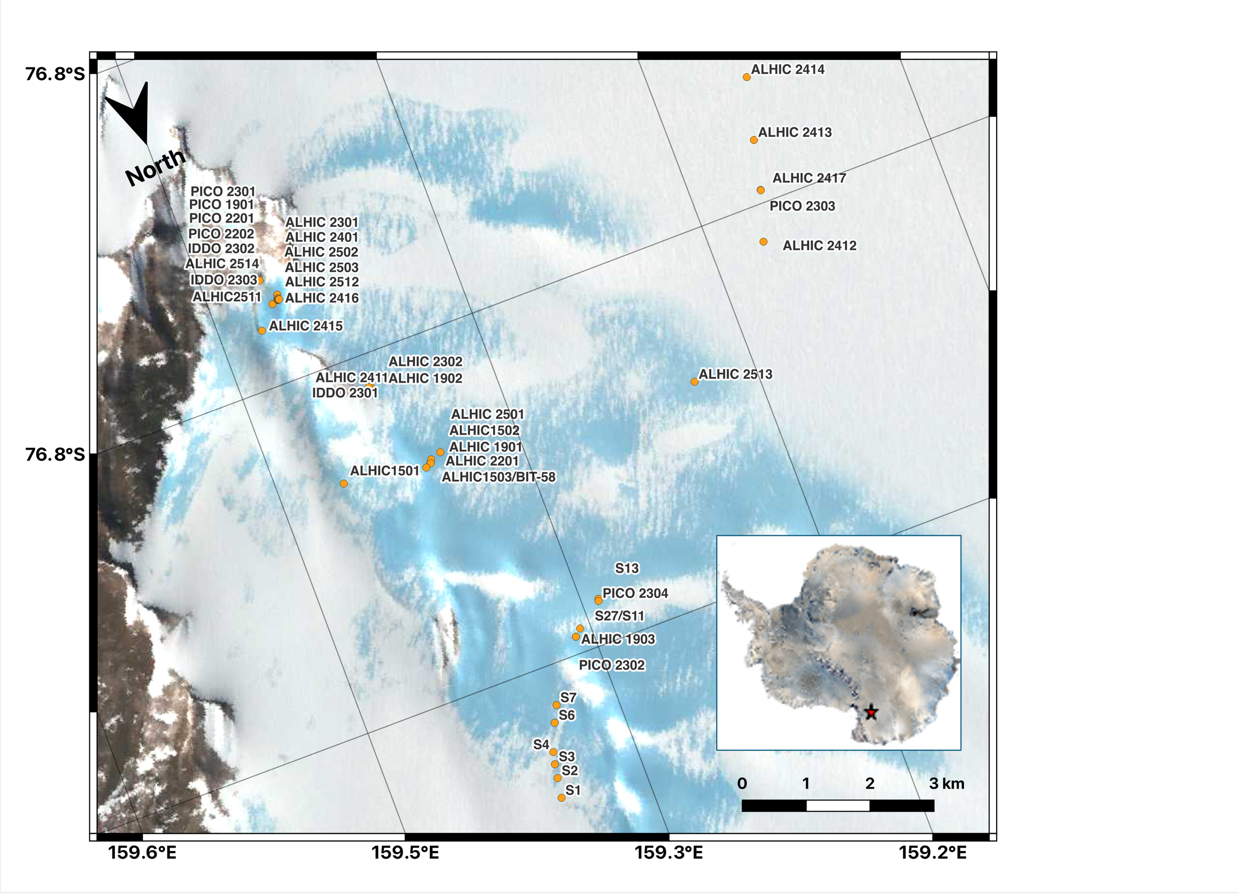 Map of the Allan Hills blue ice area which includes an locations of all ice cores drilled in the area. Bottom right corner includes an inset of Antarctica with a red star indicating the location of the Allan Hills.