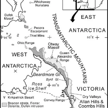  Closer view of regions surrounding Allan Hills (Photo credit:  https://www.researchgate.net/figure/Geological-sketch-map-of-Allan-Hills-and-Coombs-Hills-Geology-from-Grapes-et-al ) 