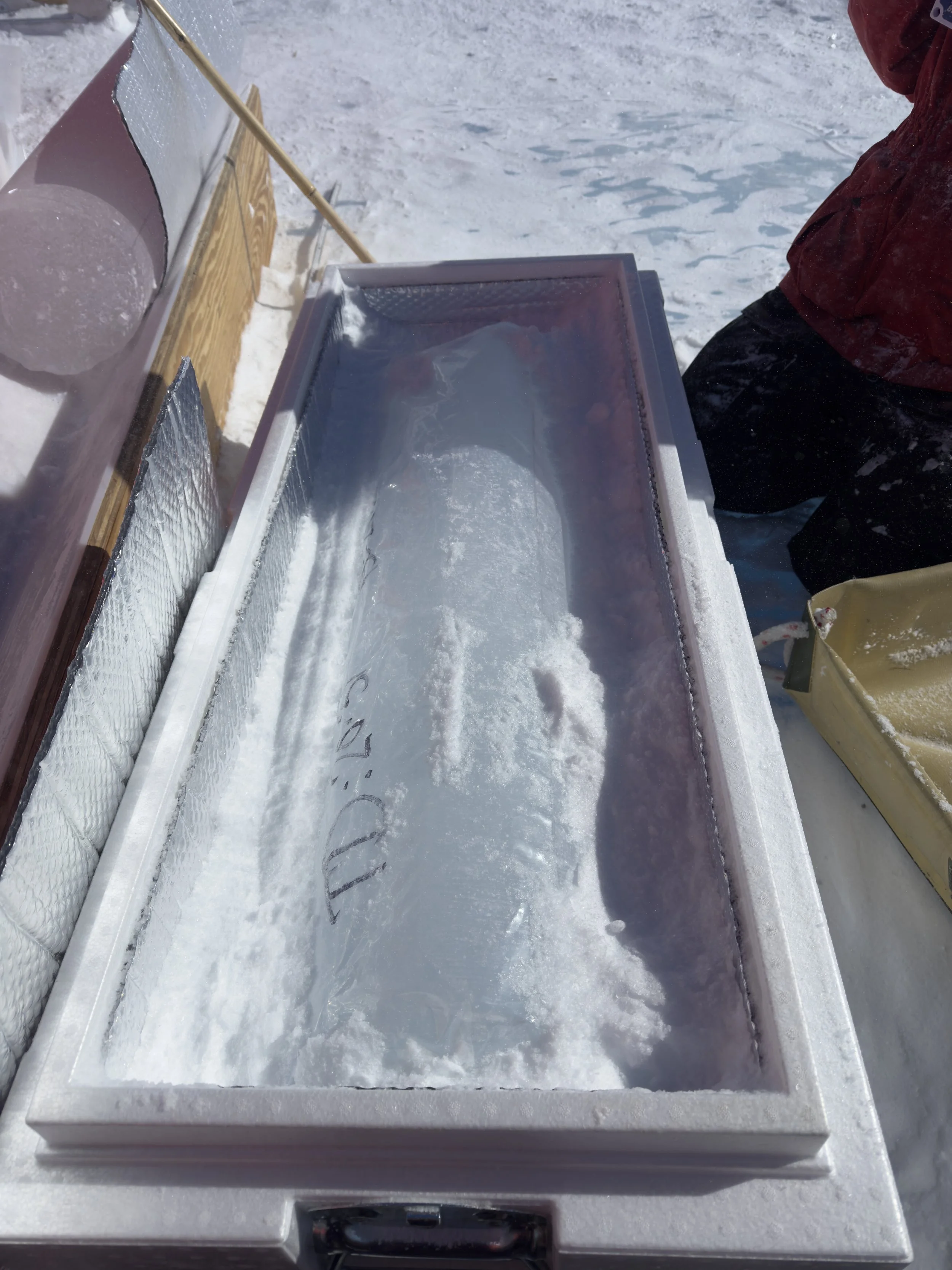   A labeled and bagged Blue Ice Drill core in one of our ice core boxes.  