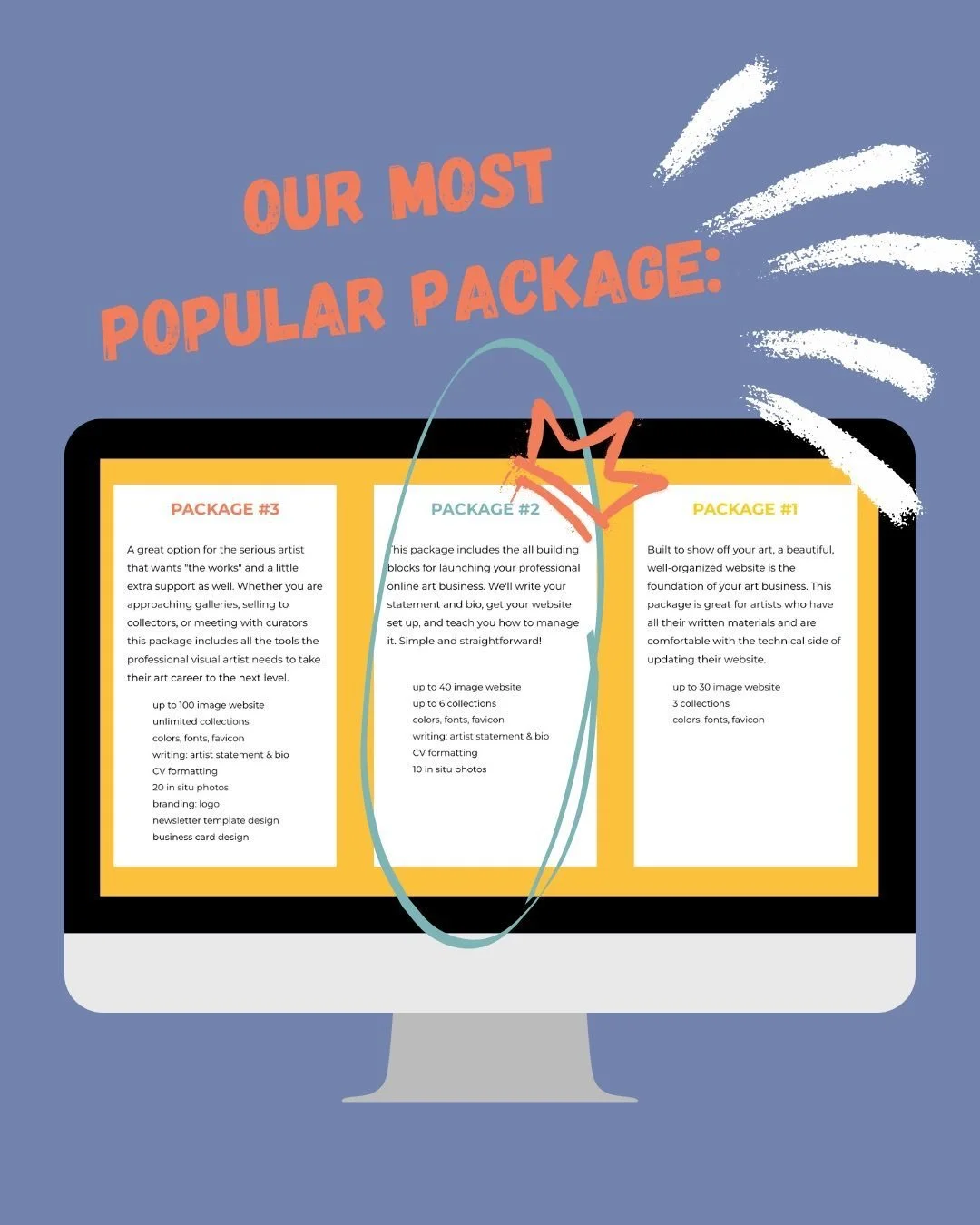 We offer three different packages, with number two being our most popular. Here&rsquo;s what&rsquo;s included: up to 40 images of your pieces of work, up to 6 collections, colors, fonts, favicon, 10 in situ photos, artist statement, bio, and CV forma