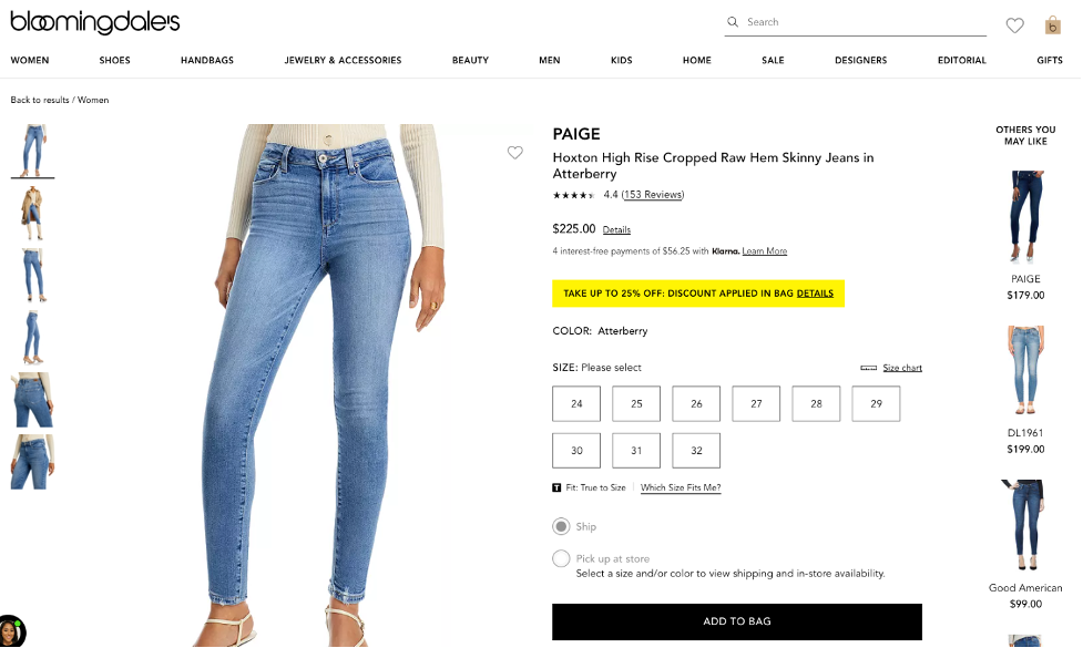 Example of similar items recommendation featured on the PDP for a pair of women's jeans from Bloomingdales
