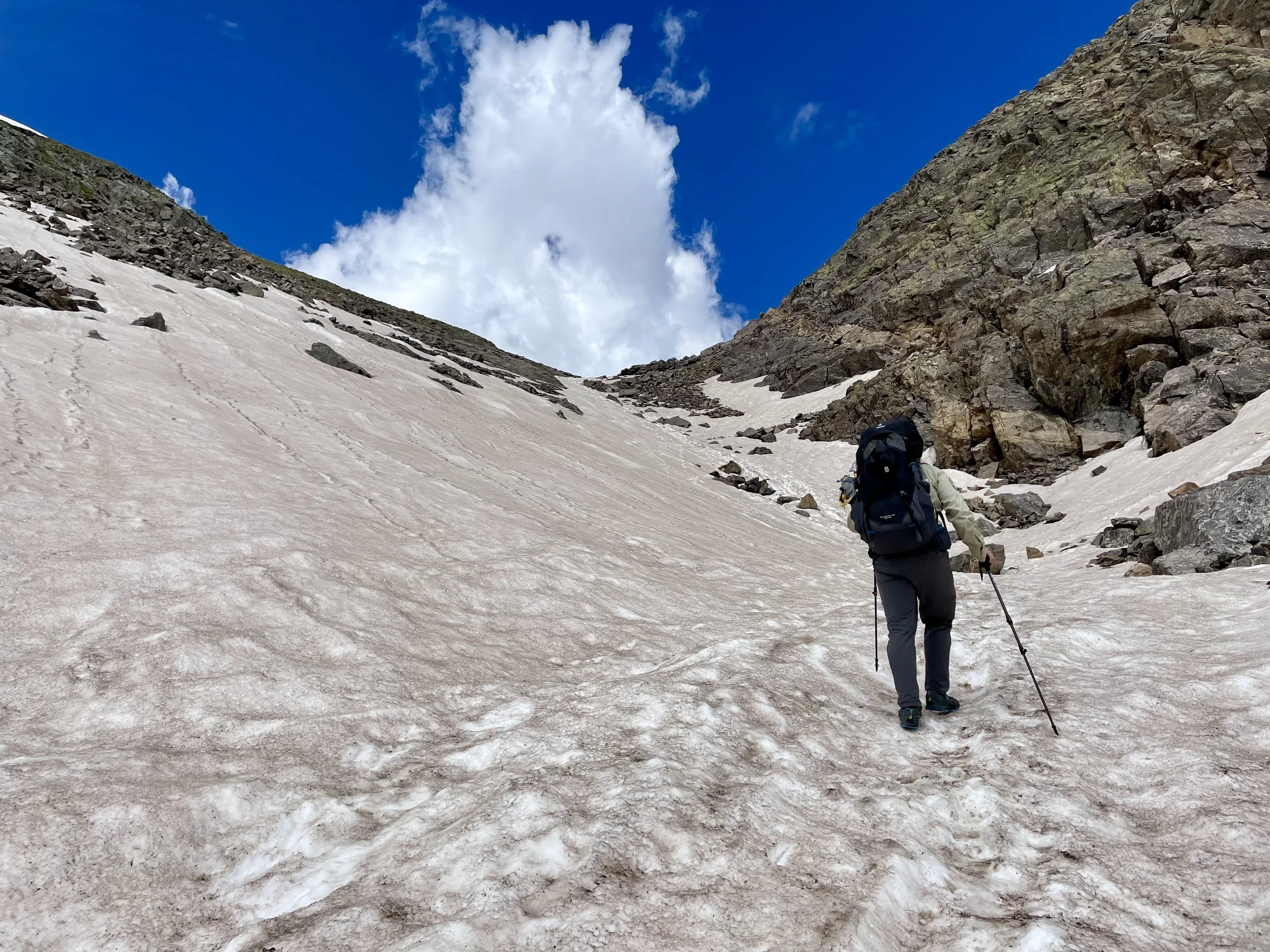 The last steep snowfield on Fancy Pass. If you squint you can see the tracks we followed