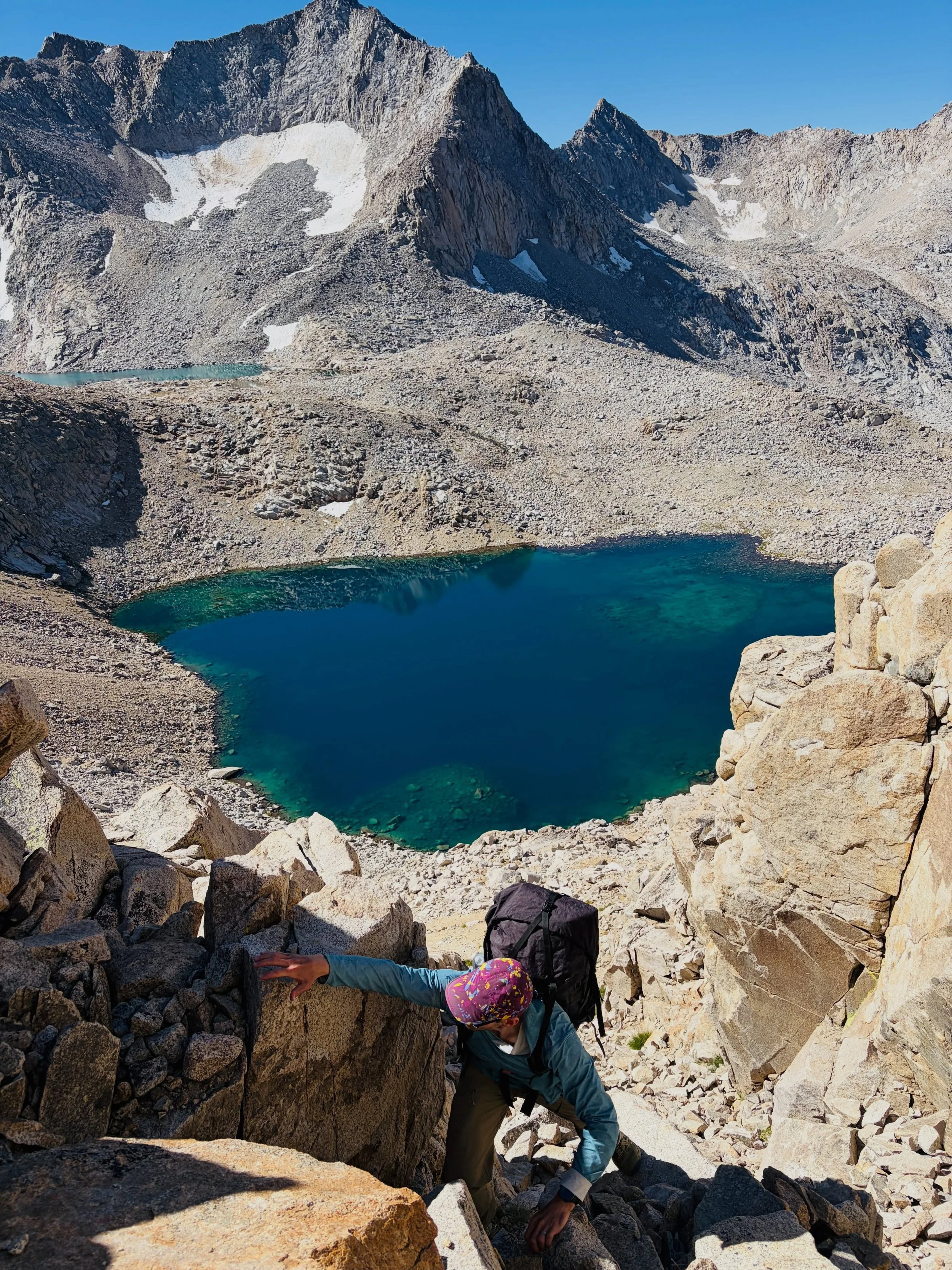 Sierra trip day 5. We started the day by heading up and over Haeckel Col - a class 3 off-trail pass that involved a bit of scrambling and A LOT of boulder hopping. Once on the other side of the pass, we decided to make it a short day and set up camp 