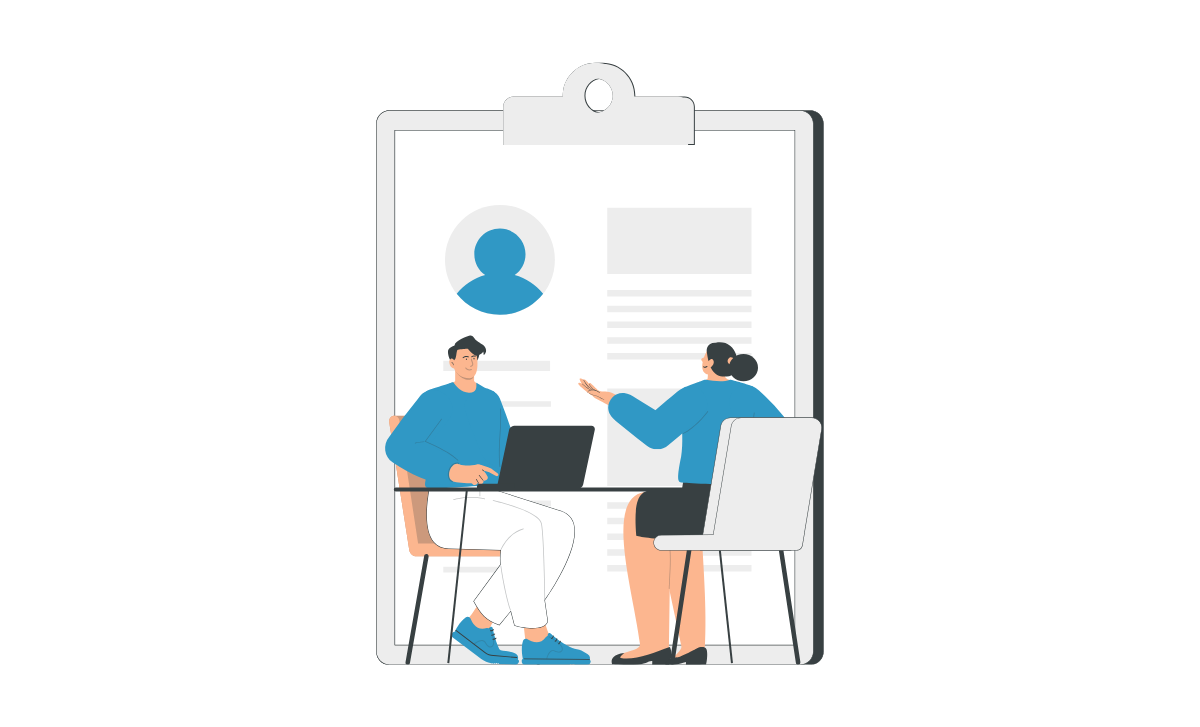 Two people sitting at a table in a professional setting, reviewing a large clipboard with a profile on it, suggesting a job interview or candidate evaluation.