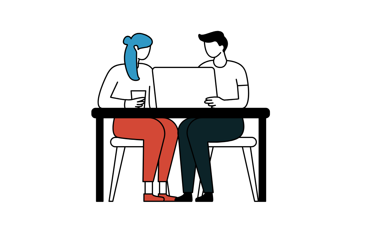 Illustration of two people sitting at a table working together on a laptop.