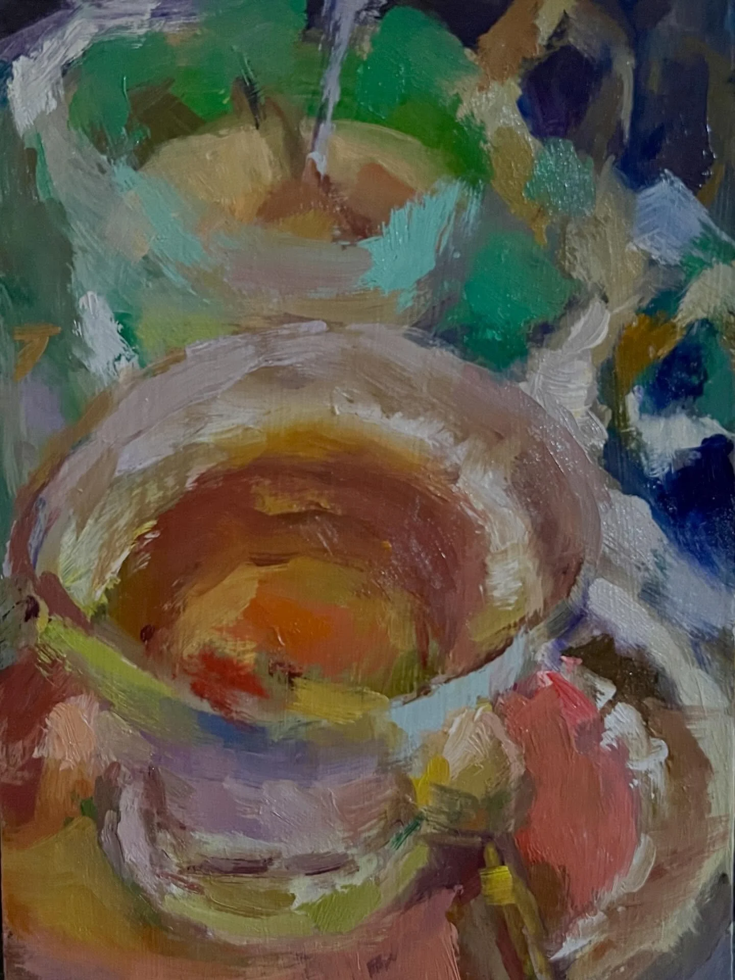 Day 30 #StradaEasel
This tea party is for 3. There is another vintage tea cup &amp; saucer off to the side, size 6x4 oil on cradle board. I have been having lots of fun playing with the theme of gathering of people around  the idea of tea time. #oilp