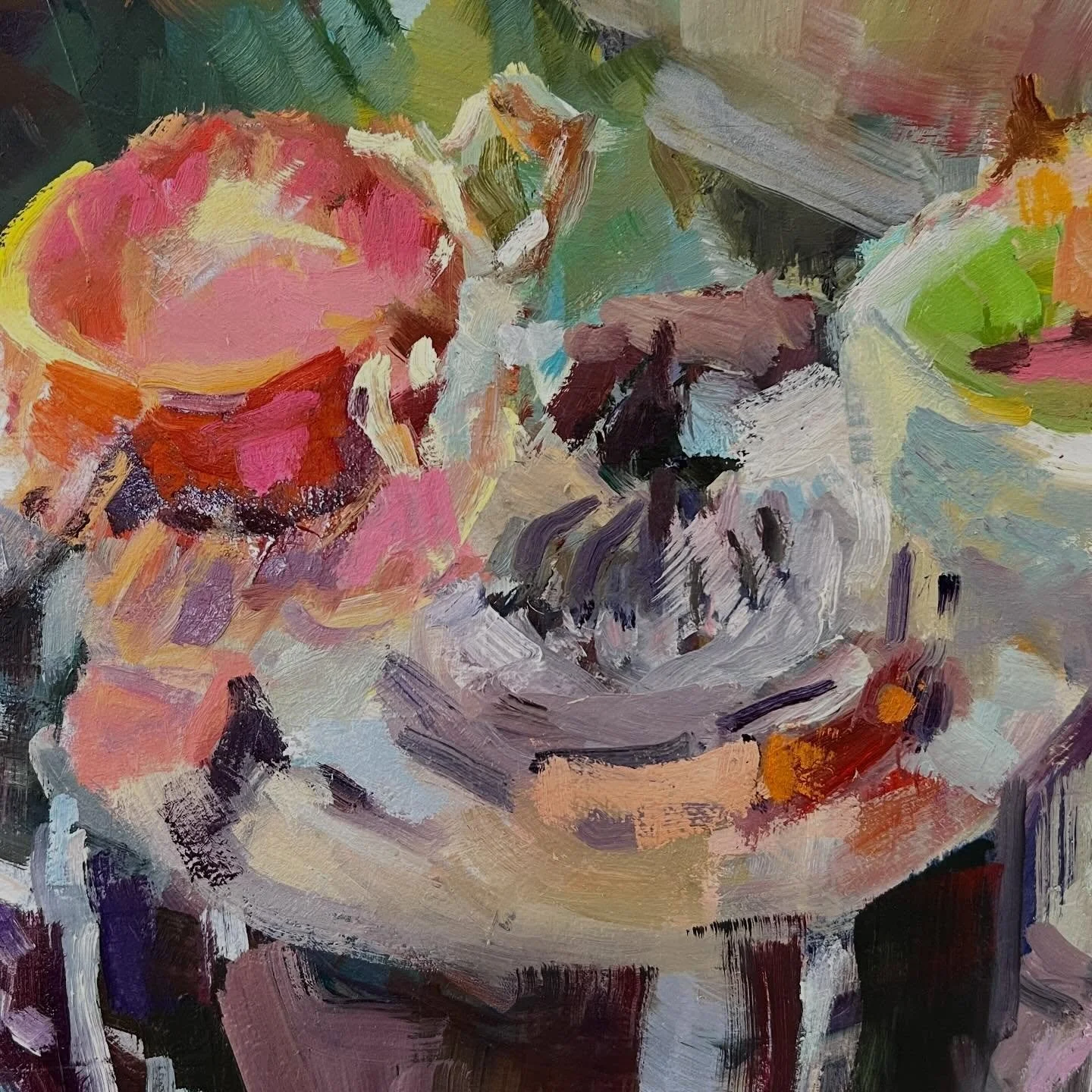 Closeup of the tea table with my grandmother&rsquo;s cups and saucers in my painting for the BIG show at the Tett, May 1-3. 
#kingstonarts #kingstonevents