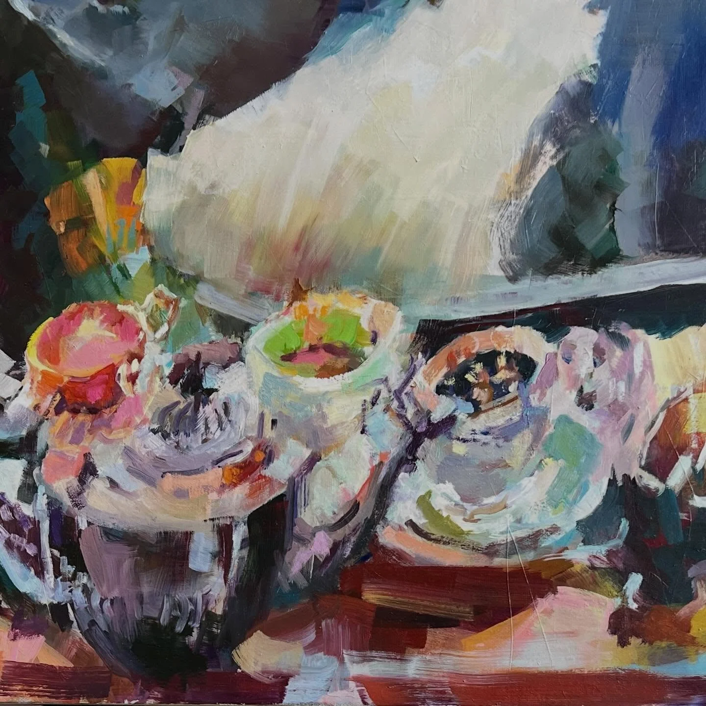 &ldquo;Gathering for Tea&rdquo; oil on canvas 36 x 48. Two women sit, sip tea &amp; talk while others gather (see cups &amp; saucers on tea tray). This piece started from a grave emotional reaction to the daily news and a spark of hope while watching