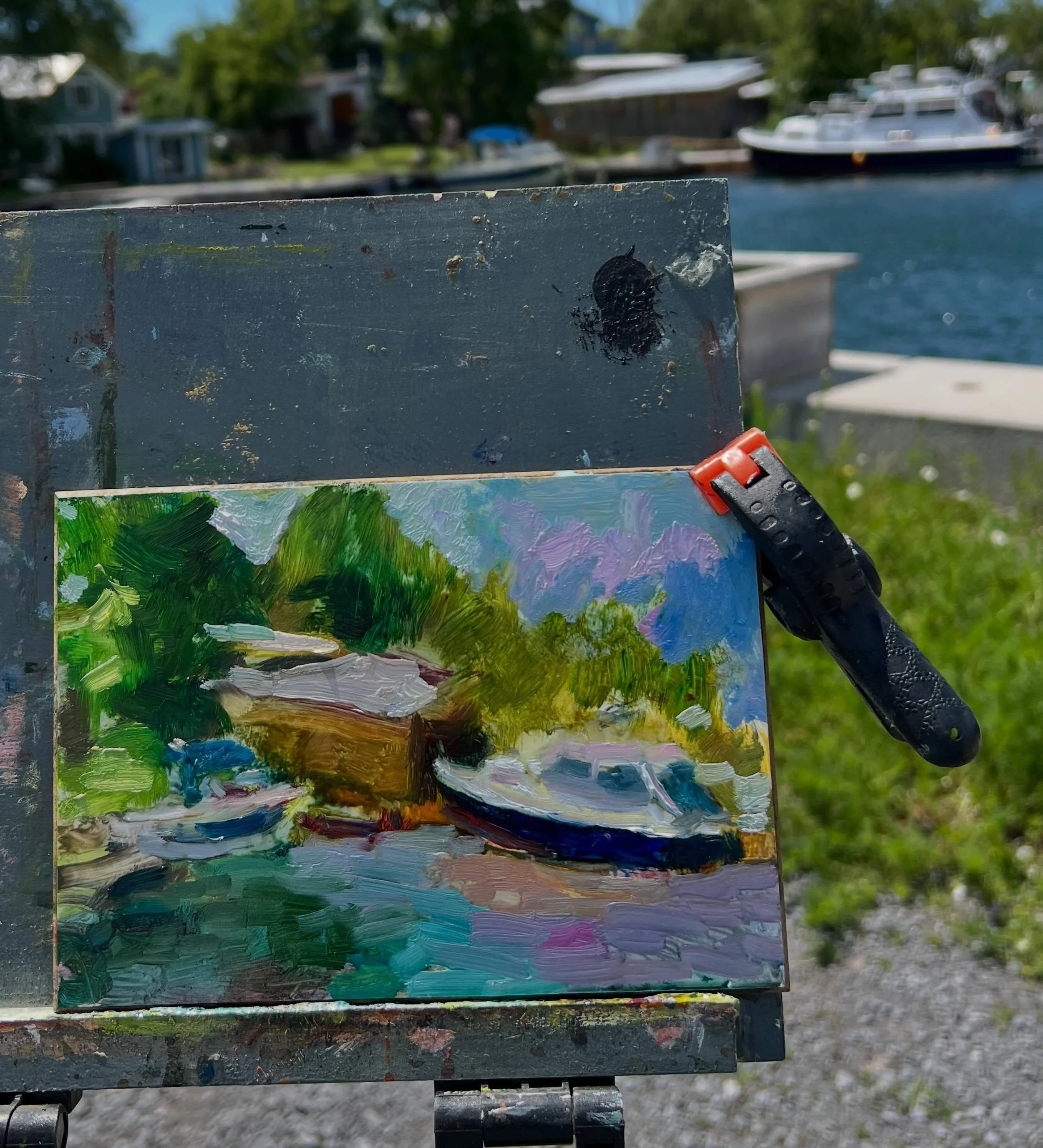 Plein Air in the wind: Today what a beauty but so windy down by the water. Show coming at the Wolfe Island Gallery, July 9 reception 5to 7. Plein air meet ups every Friday till show time. Come join us 9 to 12. &ldquo;Blue Boat&rdquo; oil on panel 5 x