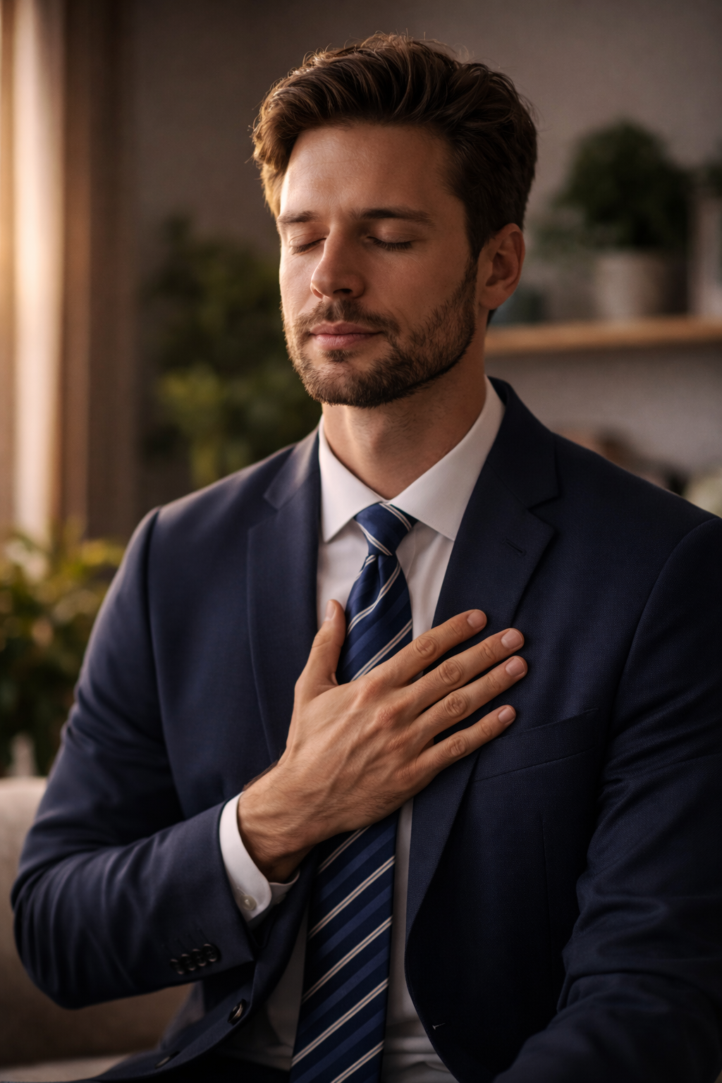 A tranquil mountain lake at sunset with calm water, surrounded by pine trees and large rocks, hillside, and a colorful sky with clouds.