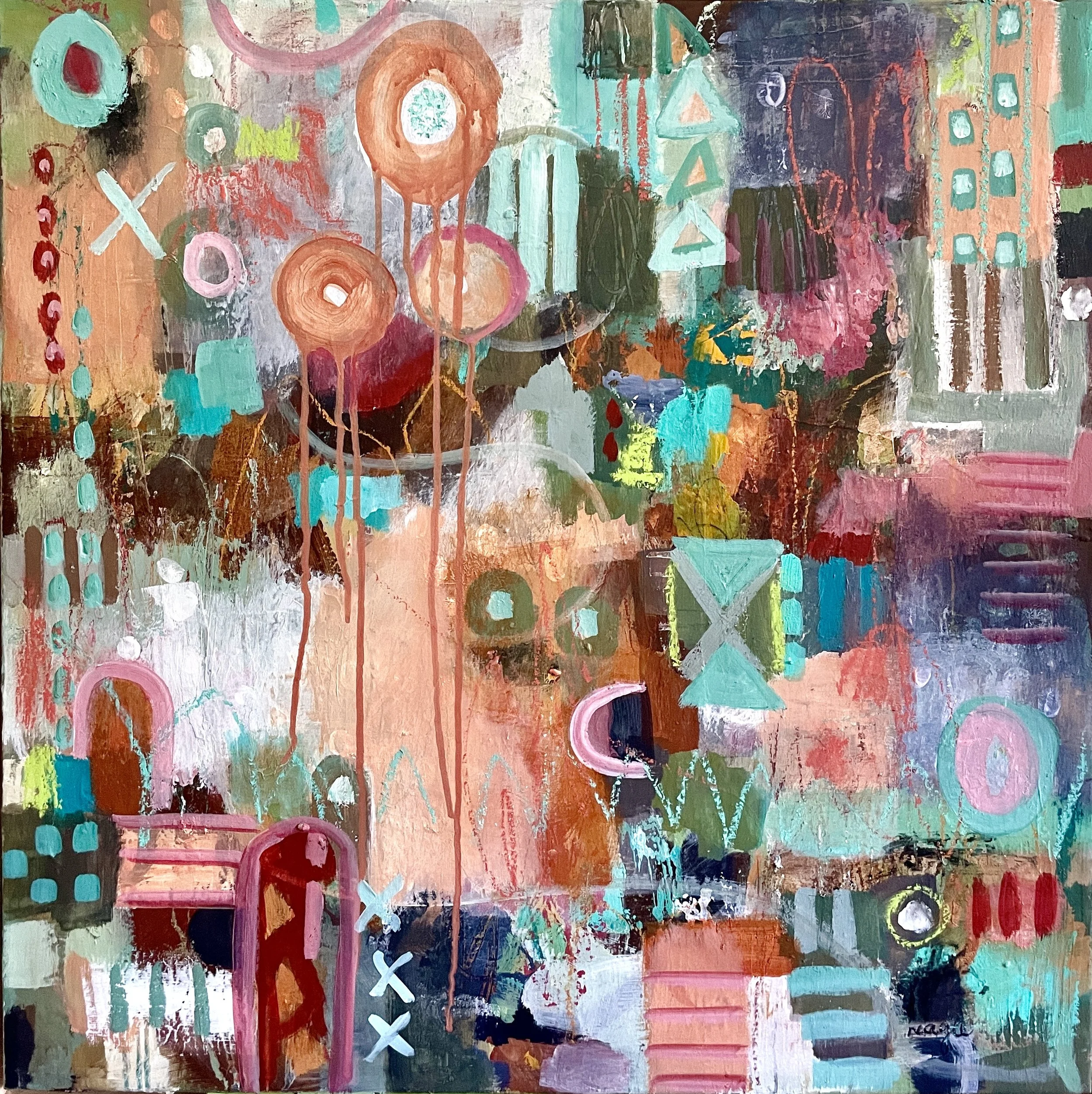 "I see you" is a  60 x 60cm framed abstract.  I have used warm and cool colours and mark making in this very colourful and patterned painting.
$1200
