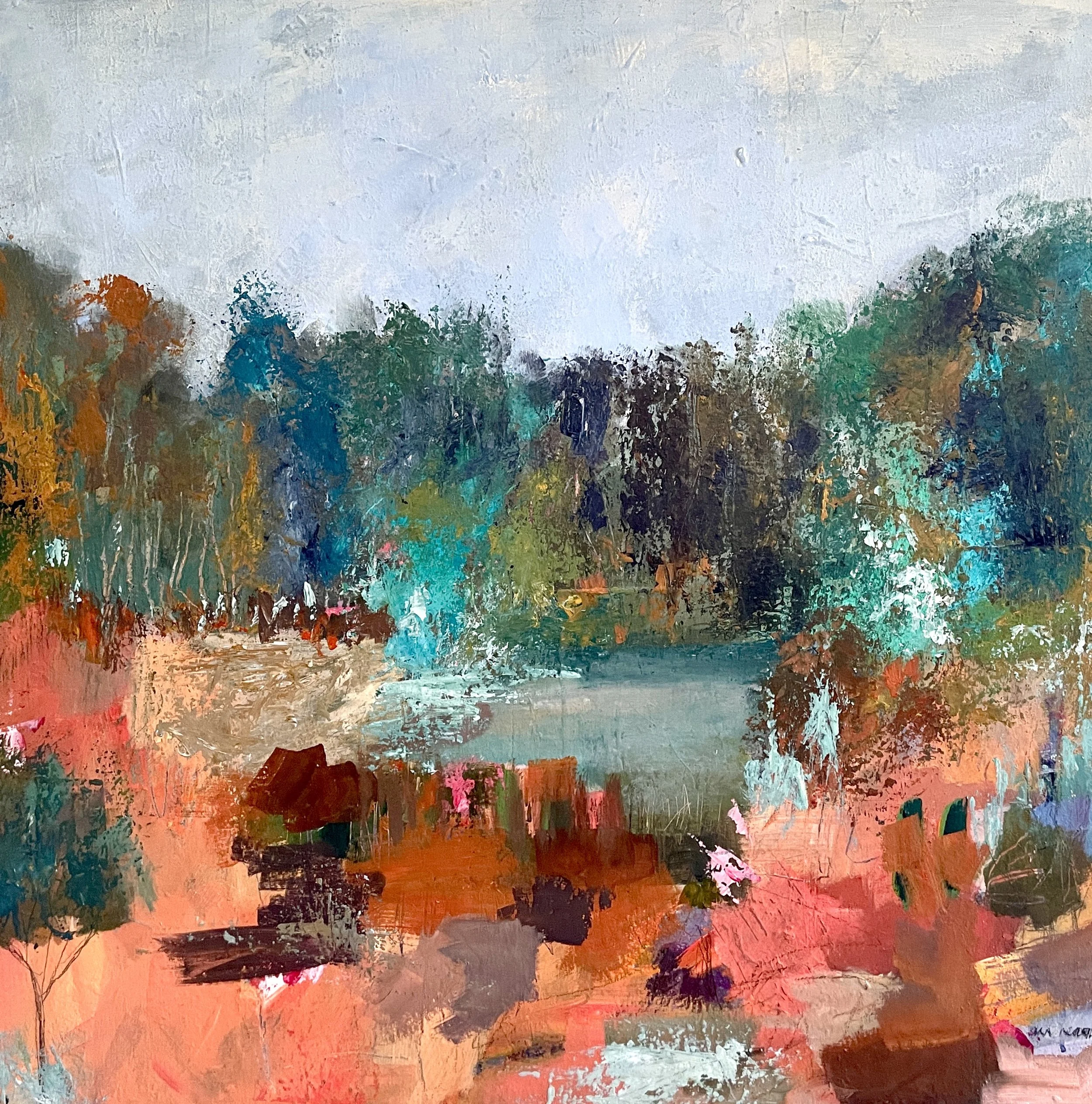 Billabong
An 80 x 80  cms stretched canvas using block of colours to depict red sand, and rocks, with a wall of trees and rocks against the sky, surrounding a waterhole.
$1750.
