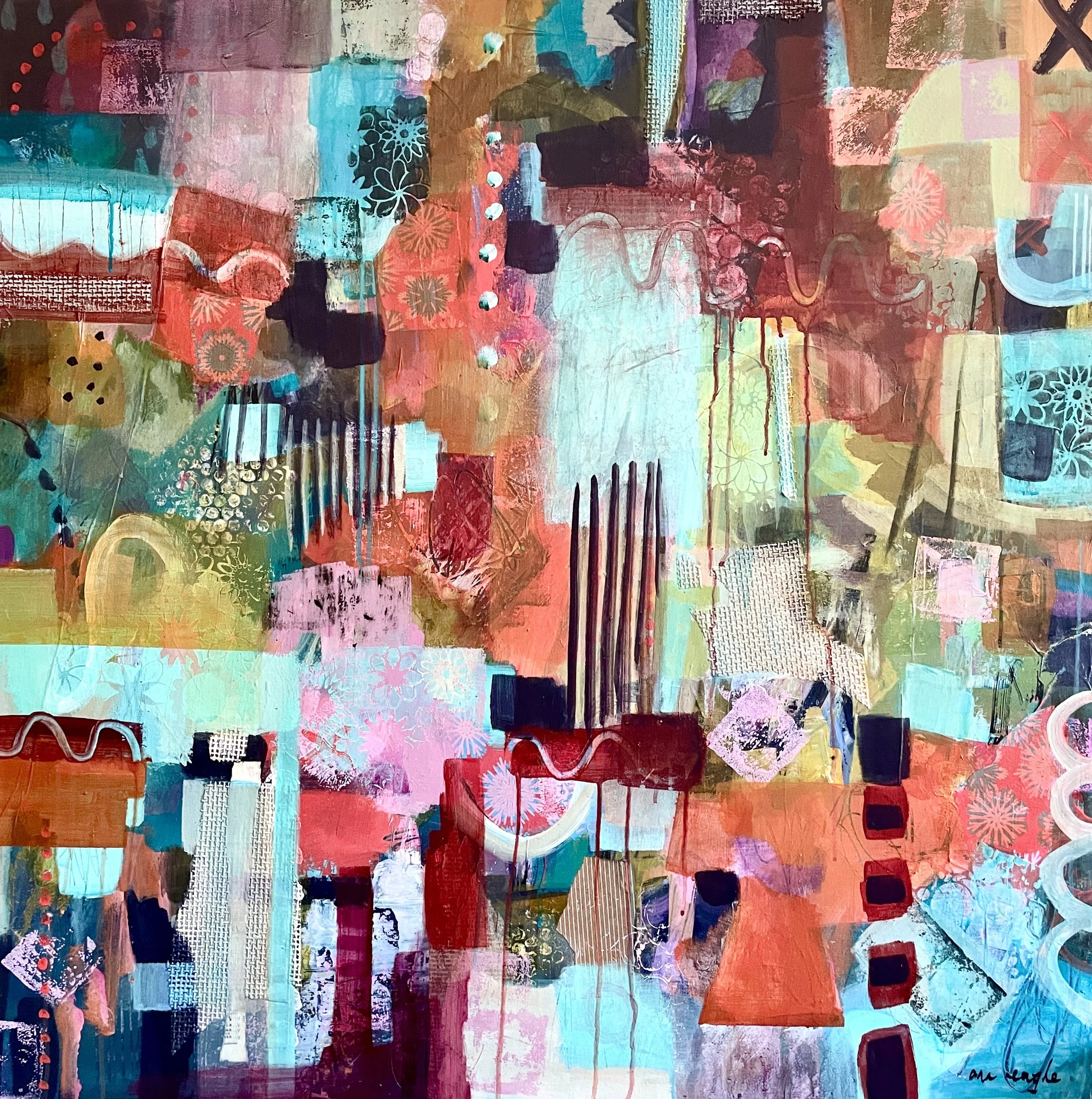 "When the night falls' is on a stretched canvas measuring 90 x 90 cms.  There is much to see in this very intricate abstract.  I have used a glazing method to bring shapes into play which overlap with other shapes to make a less busy and more interes