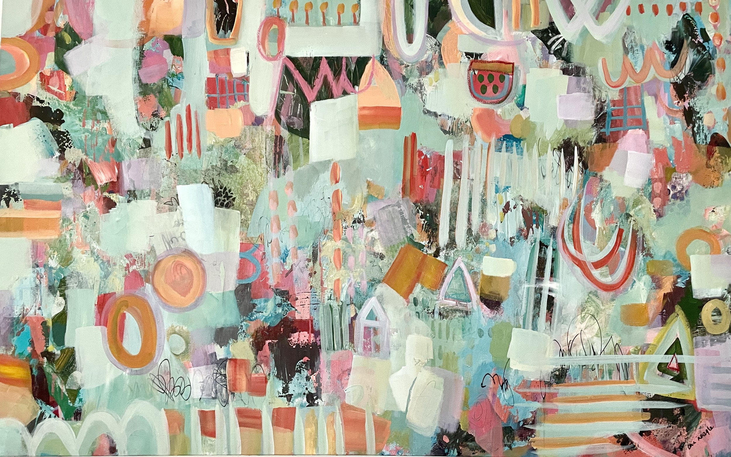 Fruit Tingle is a stretched canvas, with the painting continuing on the sides. It is 85 x 140 cms of happiness and colour. Your home will love you if you hang her on your walls .
$2900