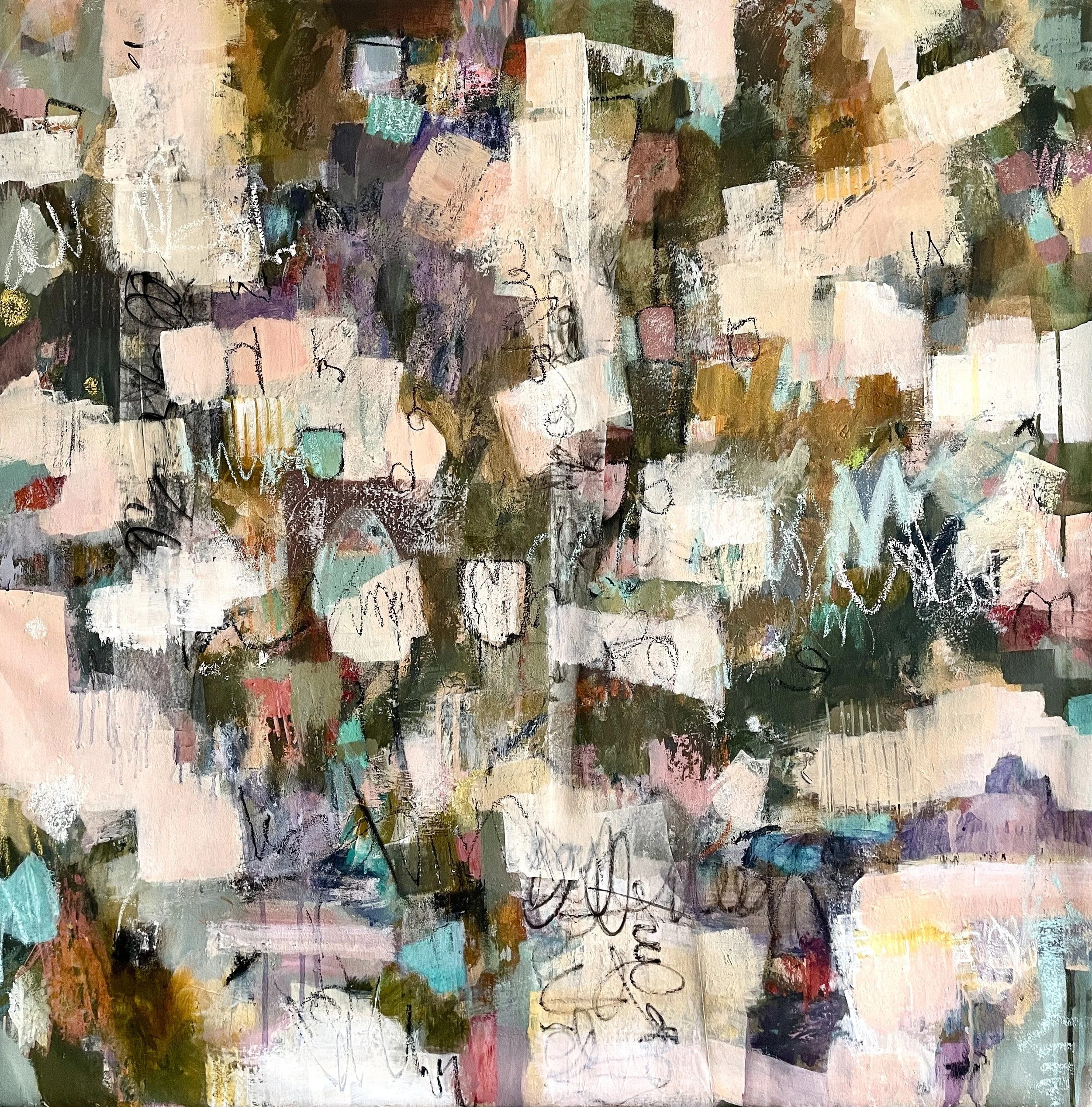 Hidden Secrets is a framed, 90 x 90 cm mixed media painting.  With its asemic writing, if gives a sense of mystery.
$2600