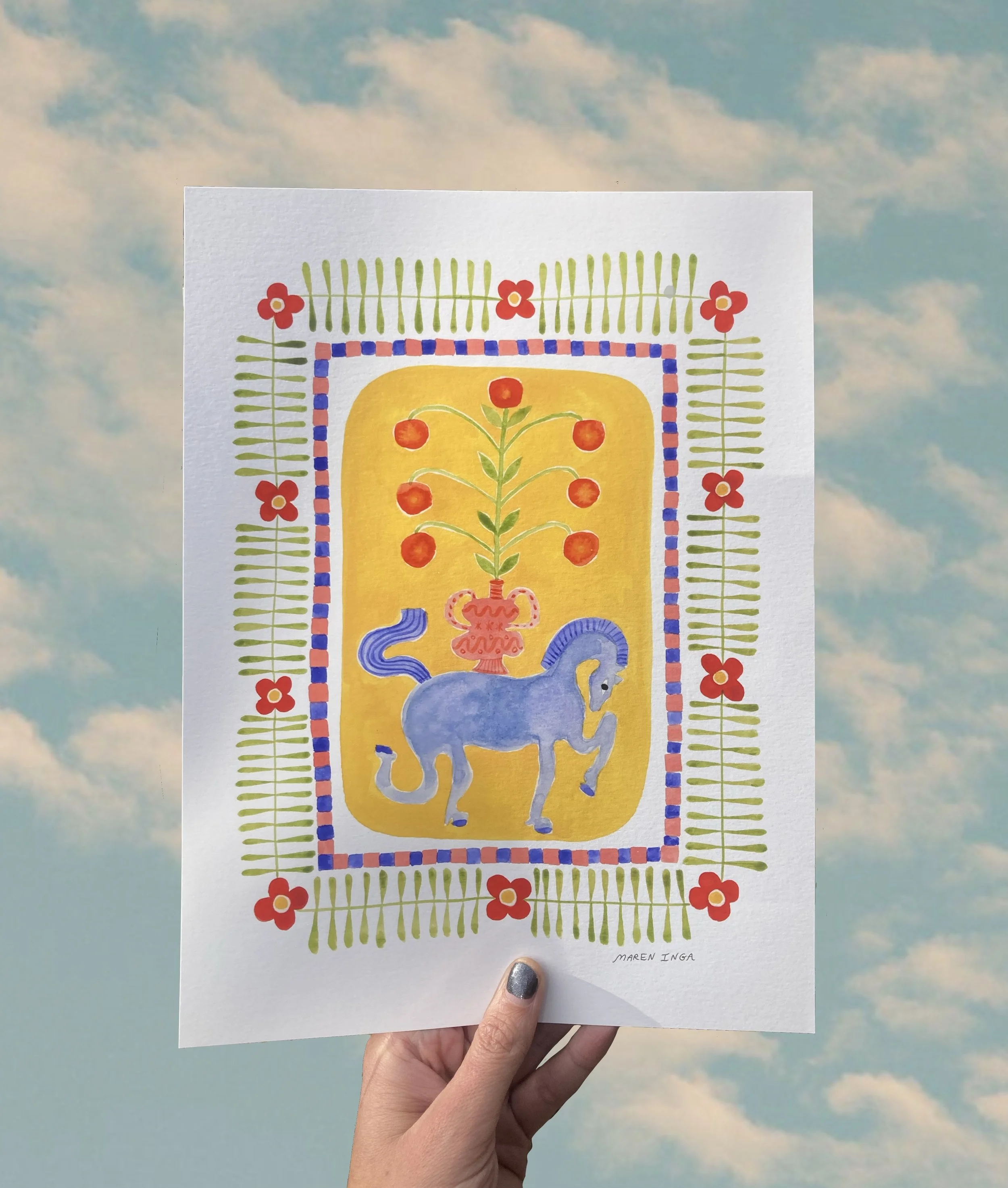 Seven Red Flowers, One Blue Horse, Print