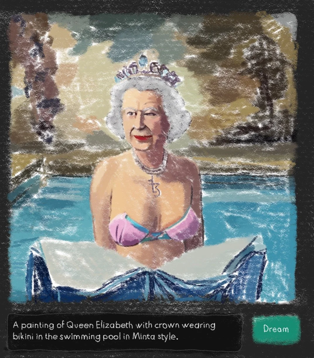 A painting of Queen Elizabeth with crown era ring bikini in the swimming pool in Minta Style.