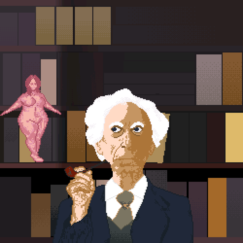 Hypothetical flying fat woman over the head of Bertrand Russell