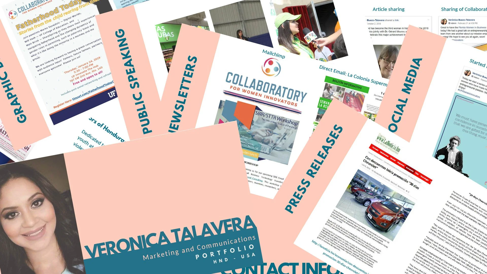Collage of pages from Veronica Talavera's first portfolio, created in Canva in 2018: press clippings, a newsletter, public speaking, graphic design, social media, and a cover reading 'Veronica Talavera, Marketing and Communications Portfolio.