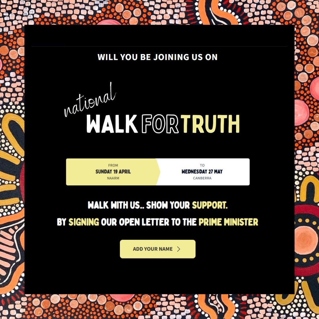 Dust off your Dunlop Volleys 👟 people!

Travis Lovett is leading a huge journey from Naarm to Canberra, calling for truth‑telling, healing and real change. 

"Walk for Truth" calls on the Federal Government to commit to a national truth-te