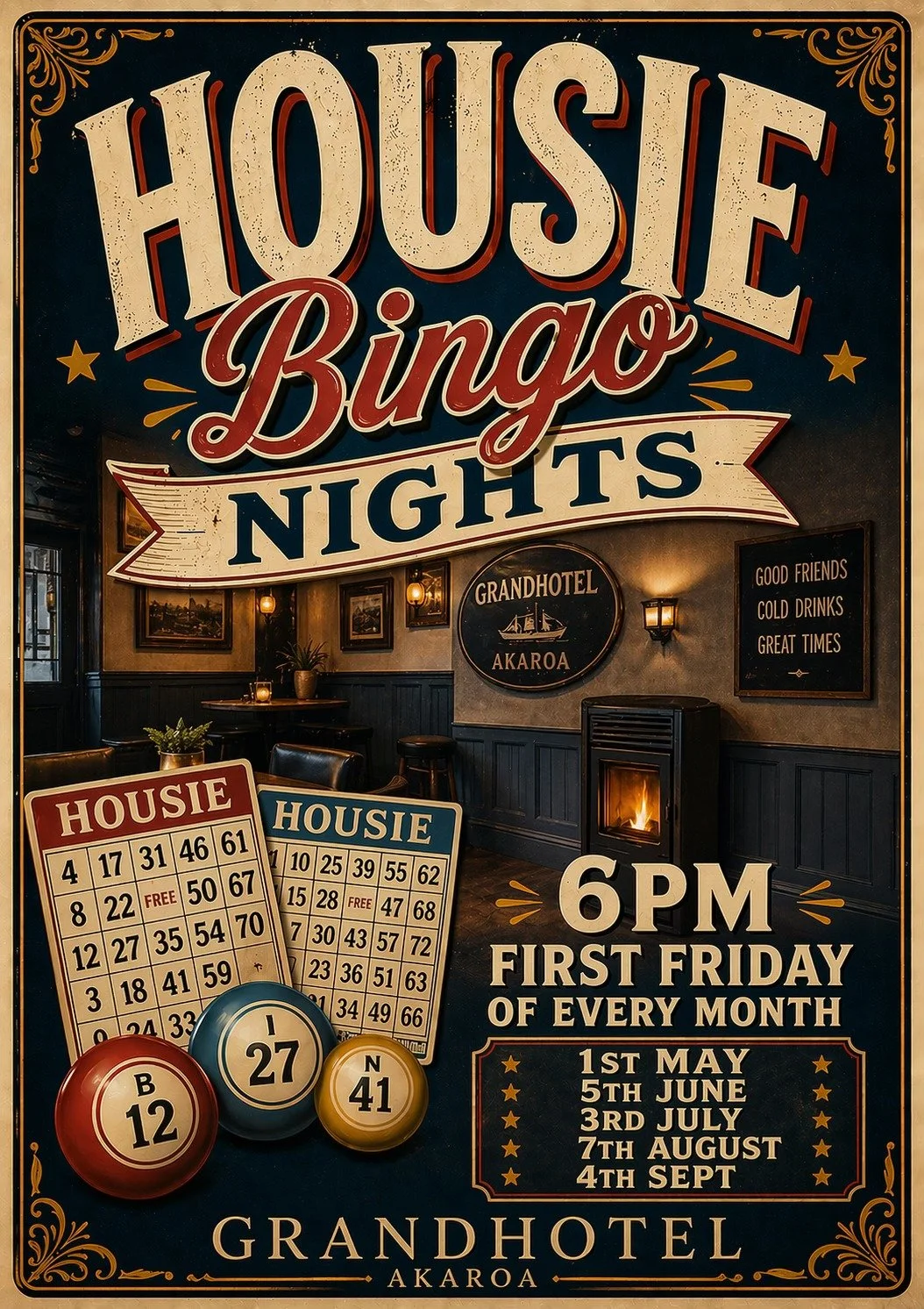 A promotional poster for house bingo nights at Grandhotel Akaroa, occurring at 6 PM on the first Friday of every month, featuring bingo cards, lucky balls, and a cozy hotel lounge setting.